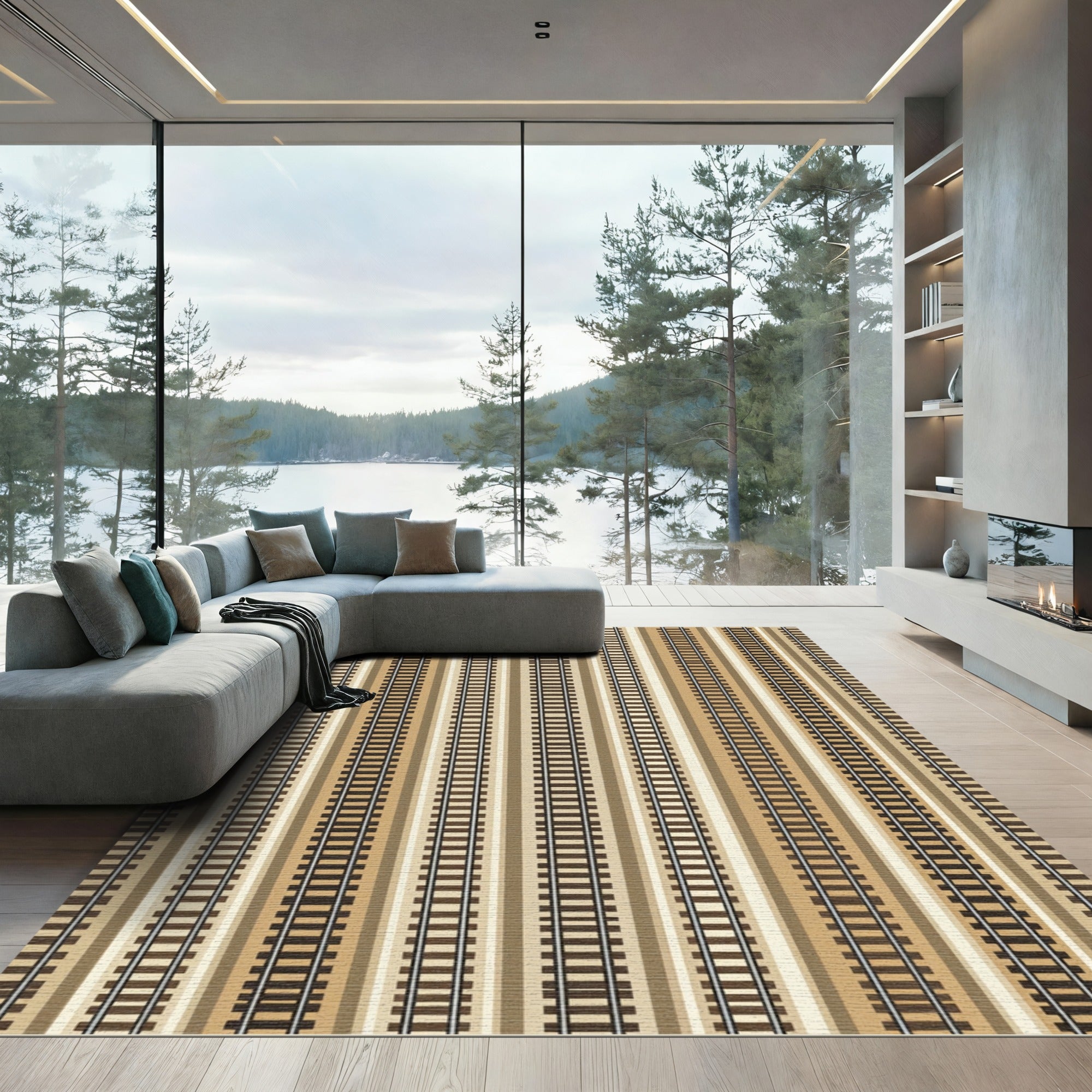Neutral Earthy Toned Railroad Stripe Rug