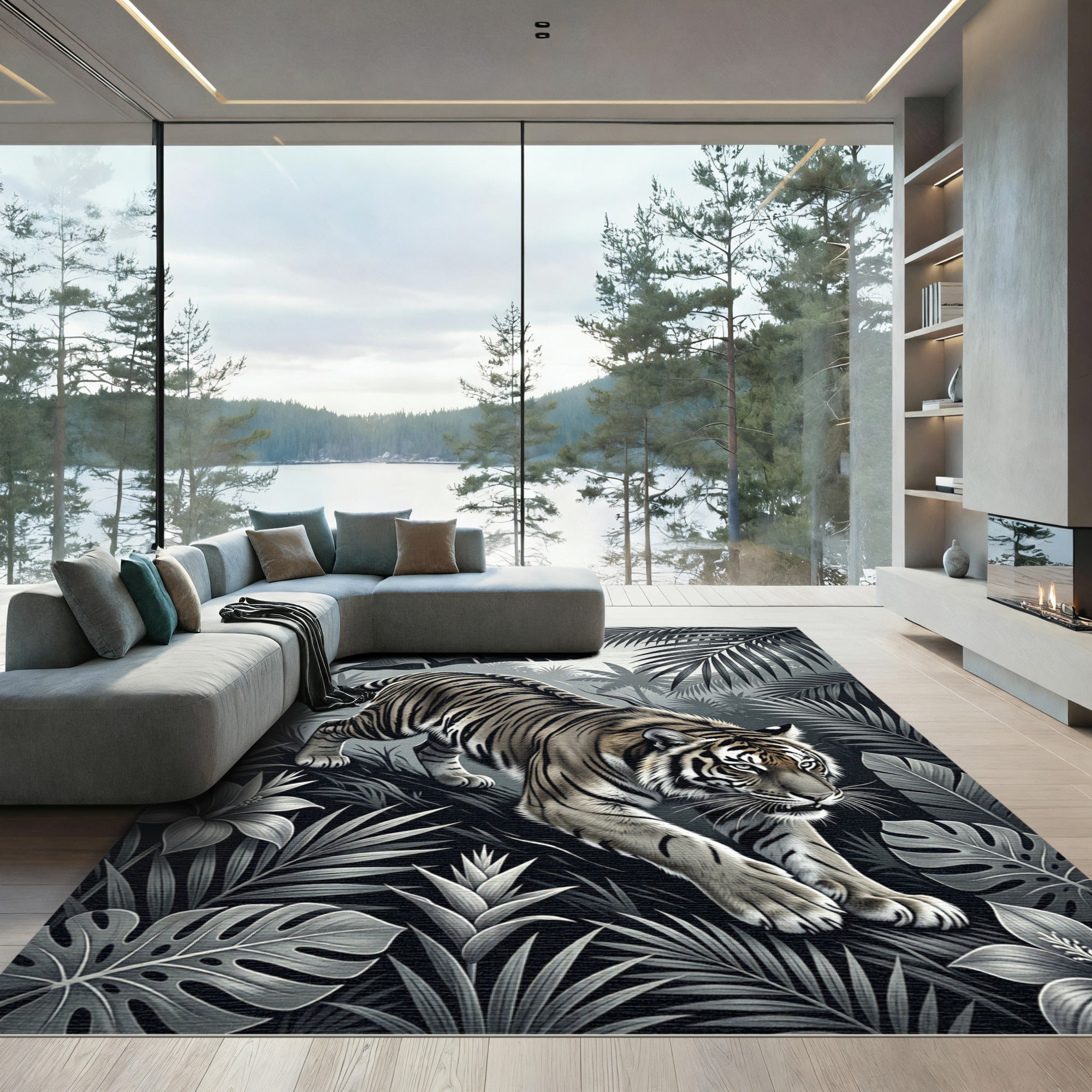 Monochrome Tiger Jungle Botanical Scene Rug