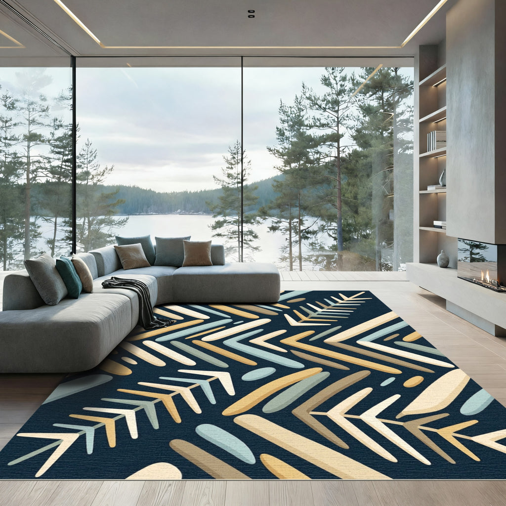 Midcentury Herringbone Chevron Navy Cream Beige Rug