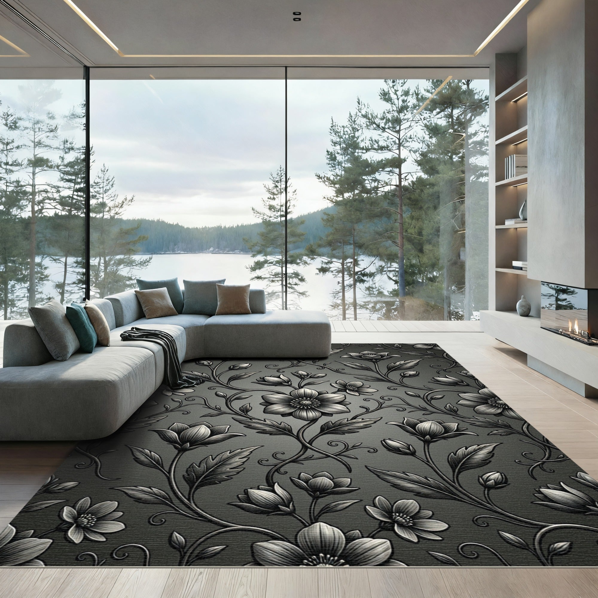 Monochromatic Floral Vine Embellishment Rug