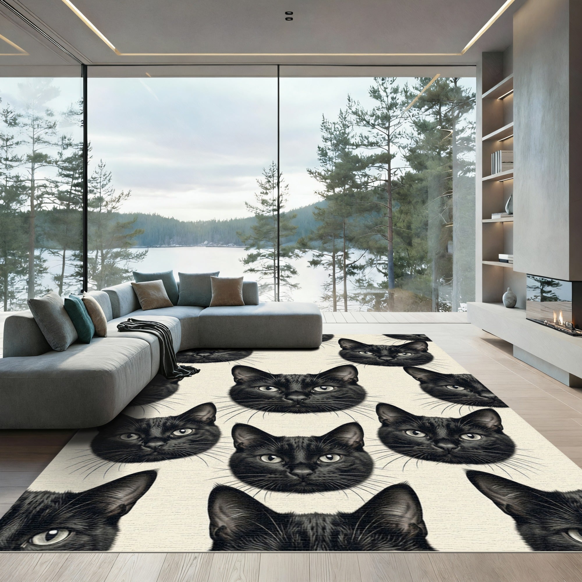 Minimalist Black Cat Face Grid Rug