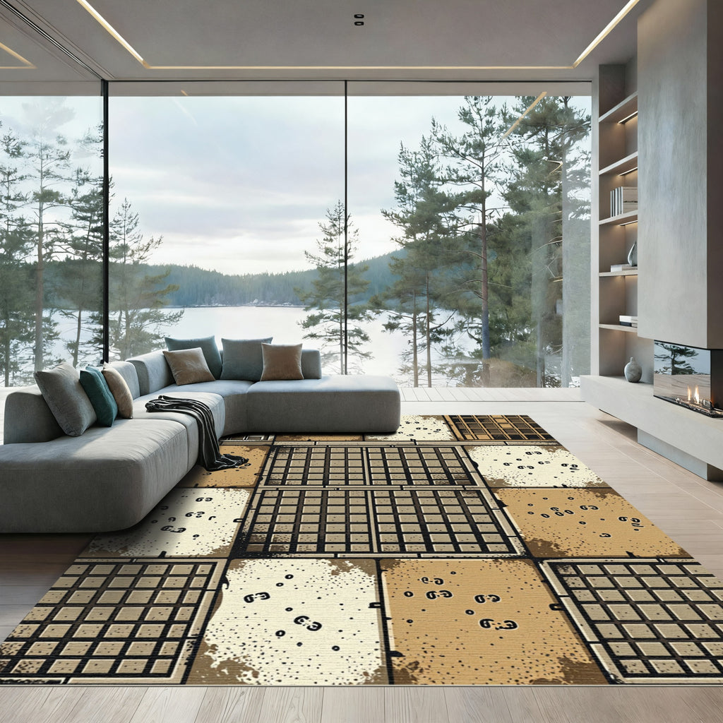 Distressed Gridded Earth Tone Squares Rug