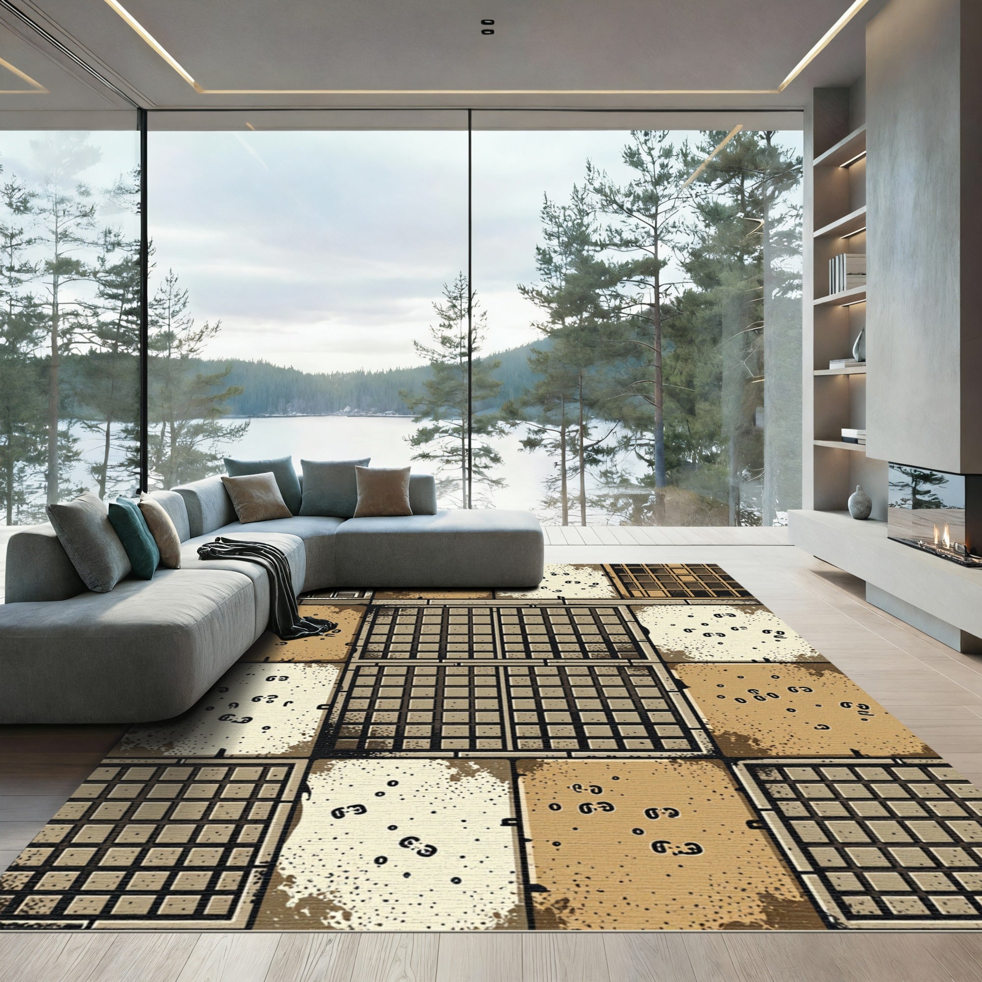 Distressed Gridded Earth Tone Squares Rug