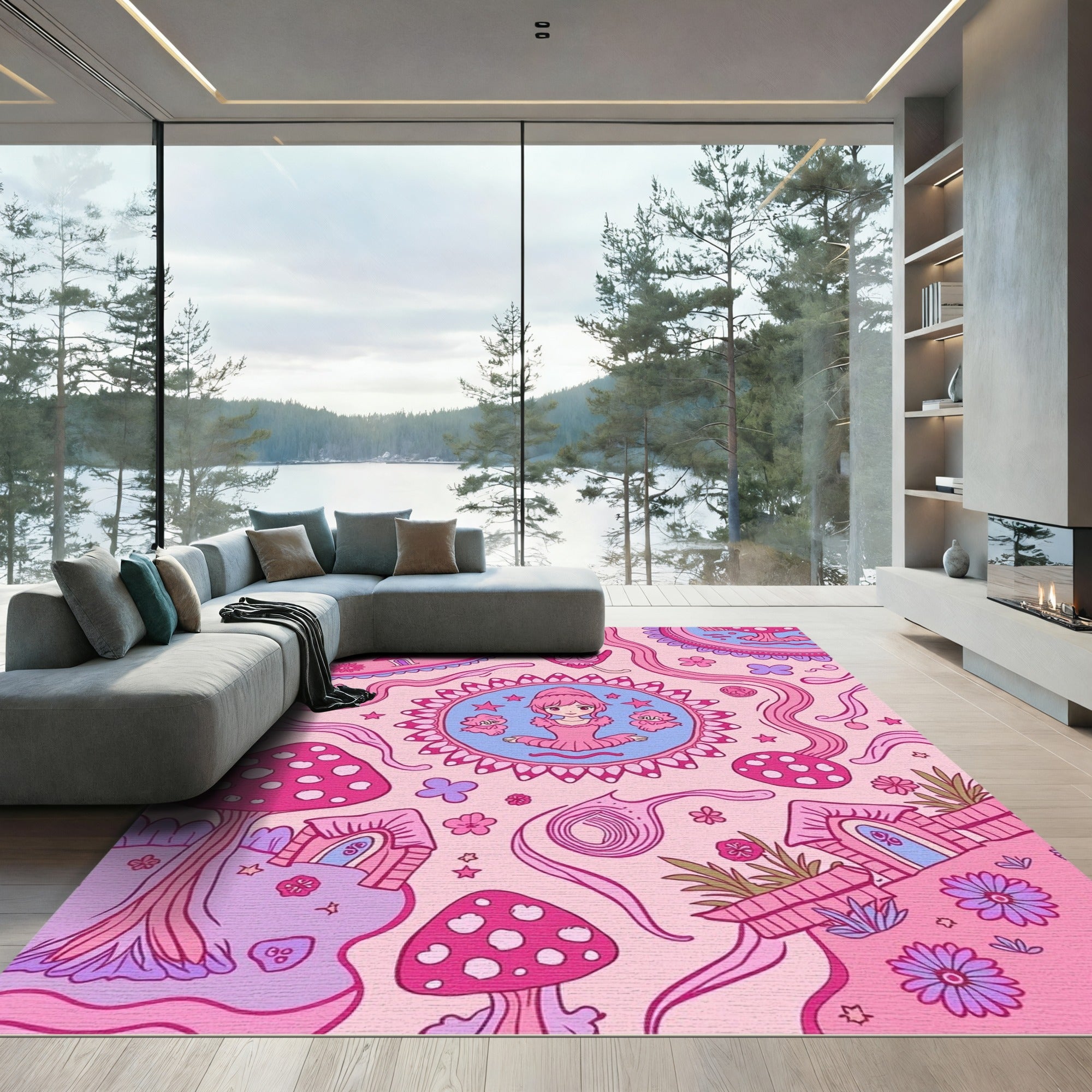 Pink Kawaii Mushroom Fairy Village Rug