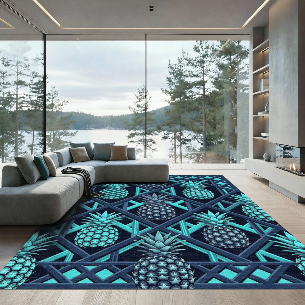Geometric Teal Pineapple Lattice Decor Rug