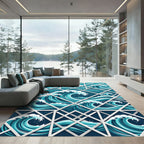Deep Blue Geometric Ocean Wave Rug