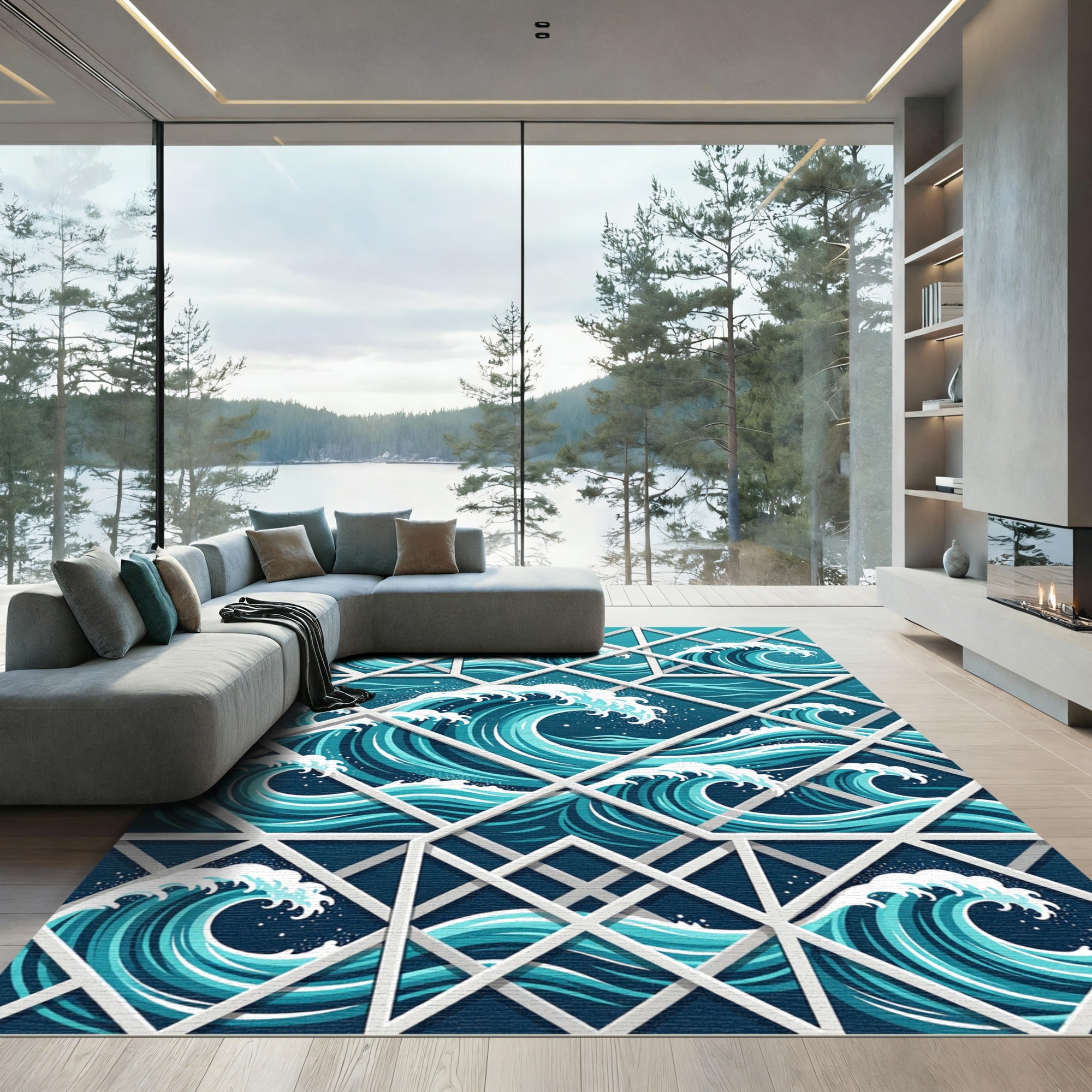 Deep Blue Geometric Ocean Wave Rug