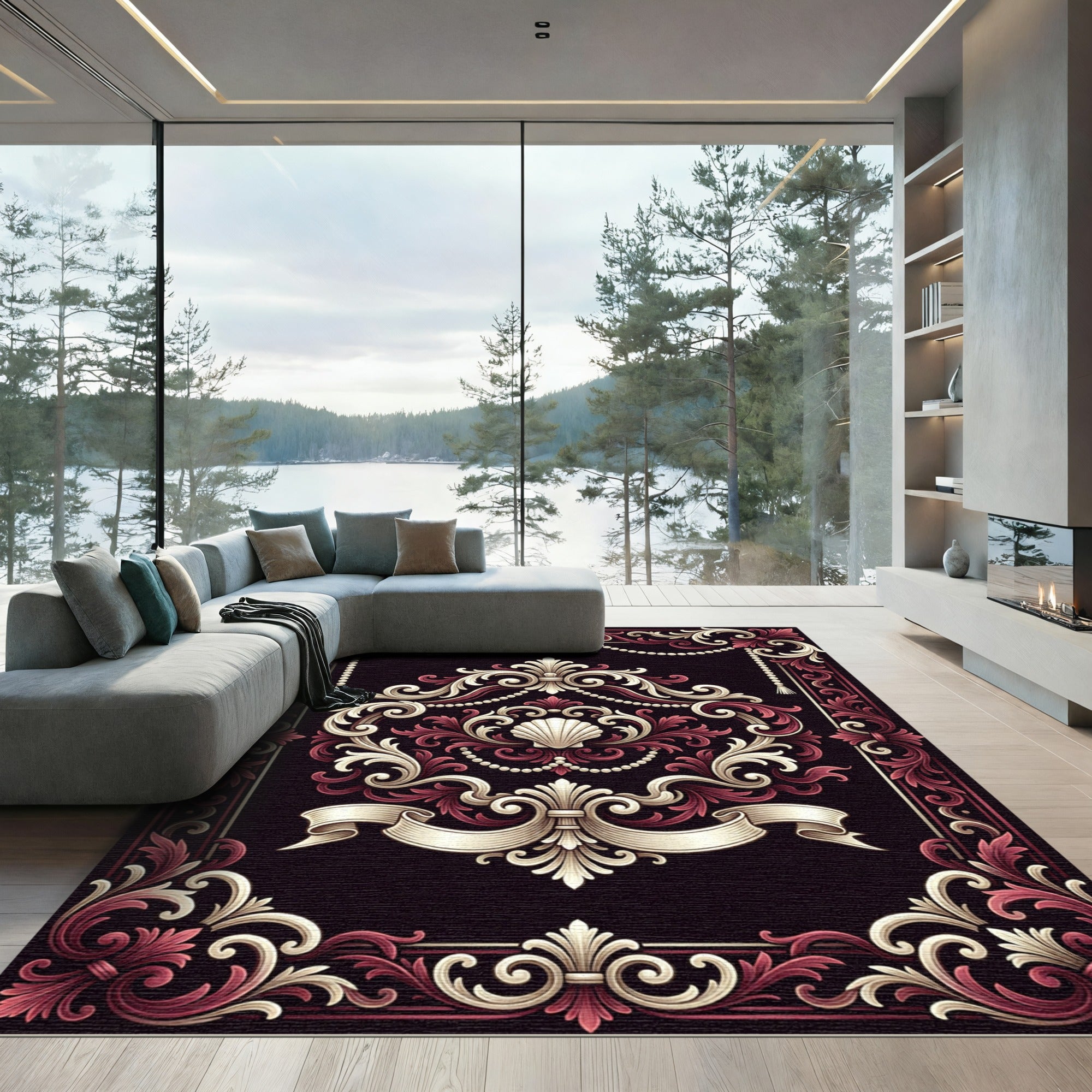 Ornate Burgundy Cream Rococo Shell Medallion Rug