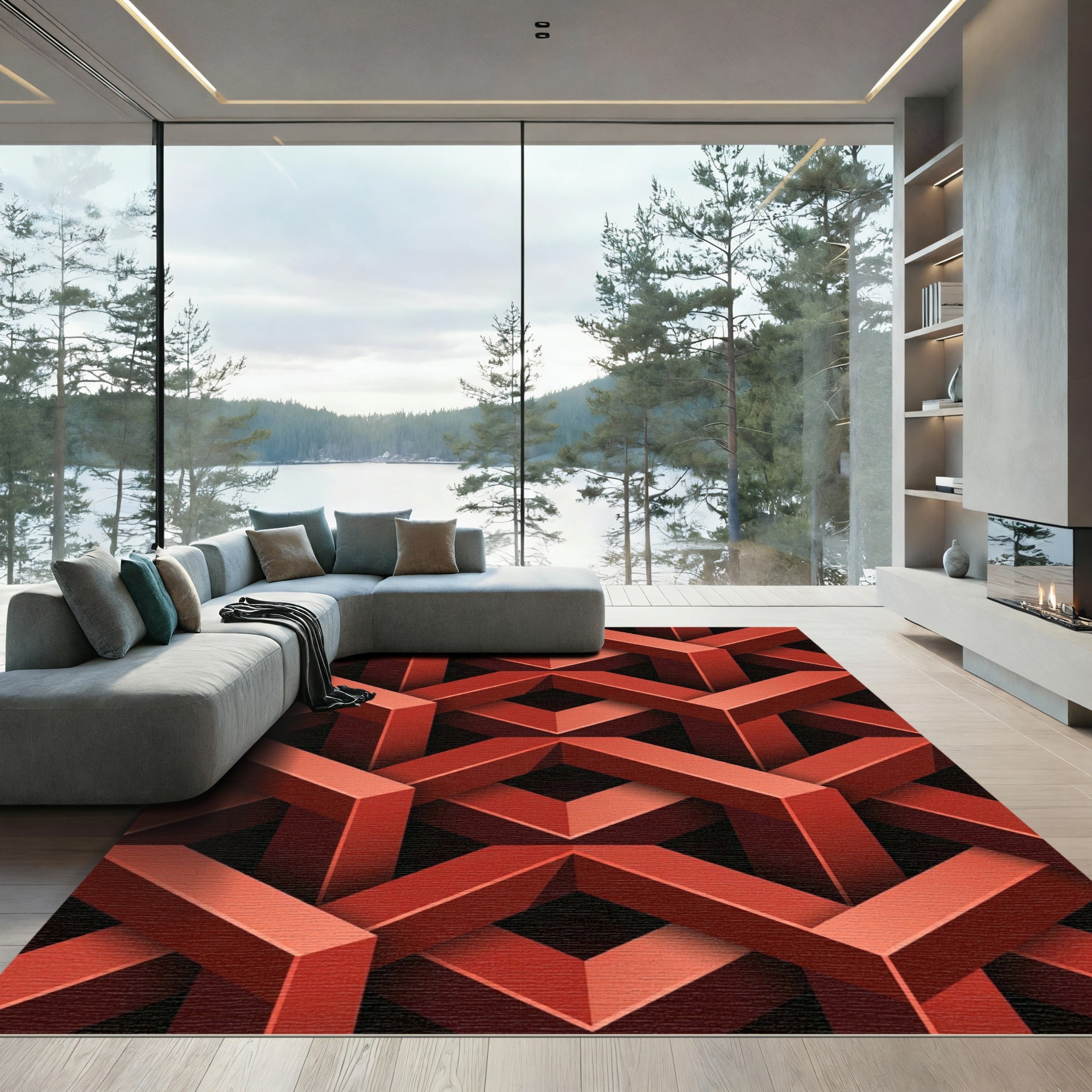 Crimson Interlocking Illusion Cubes Rug
