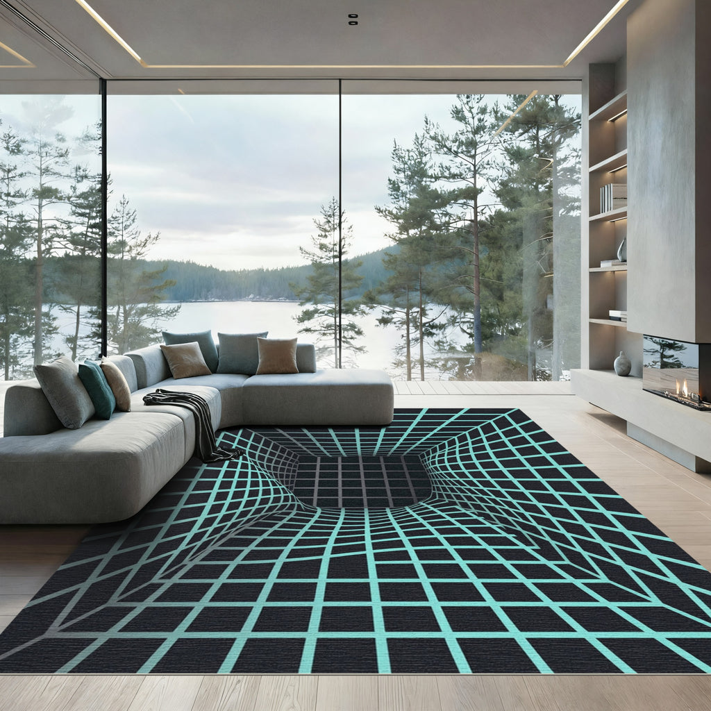 Cyan Grid Tunnel Optical Illusion Rug