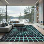 Cyan Grid Tunnel Optical Illusion Rug