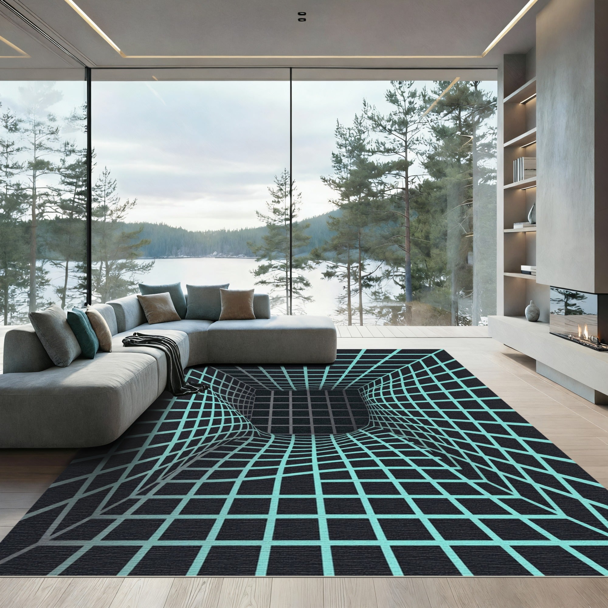 Cyan Grid Tunnel Optical Illusion Rug