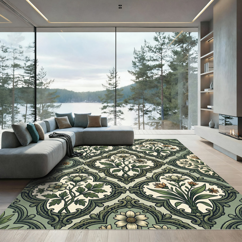 Vintage Sage Victorian Floral Damask Rug