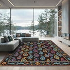 Dark Blue Paisley Floral Artisan Tapestry Rug