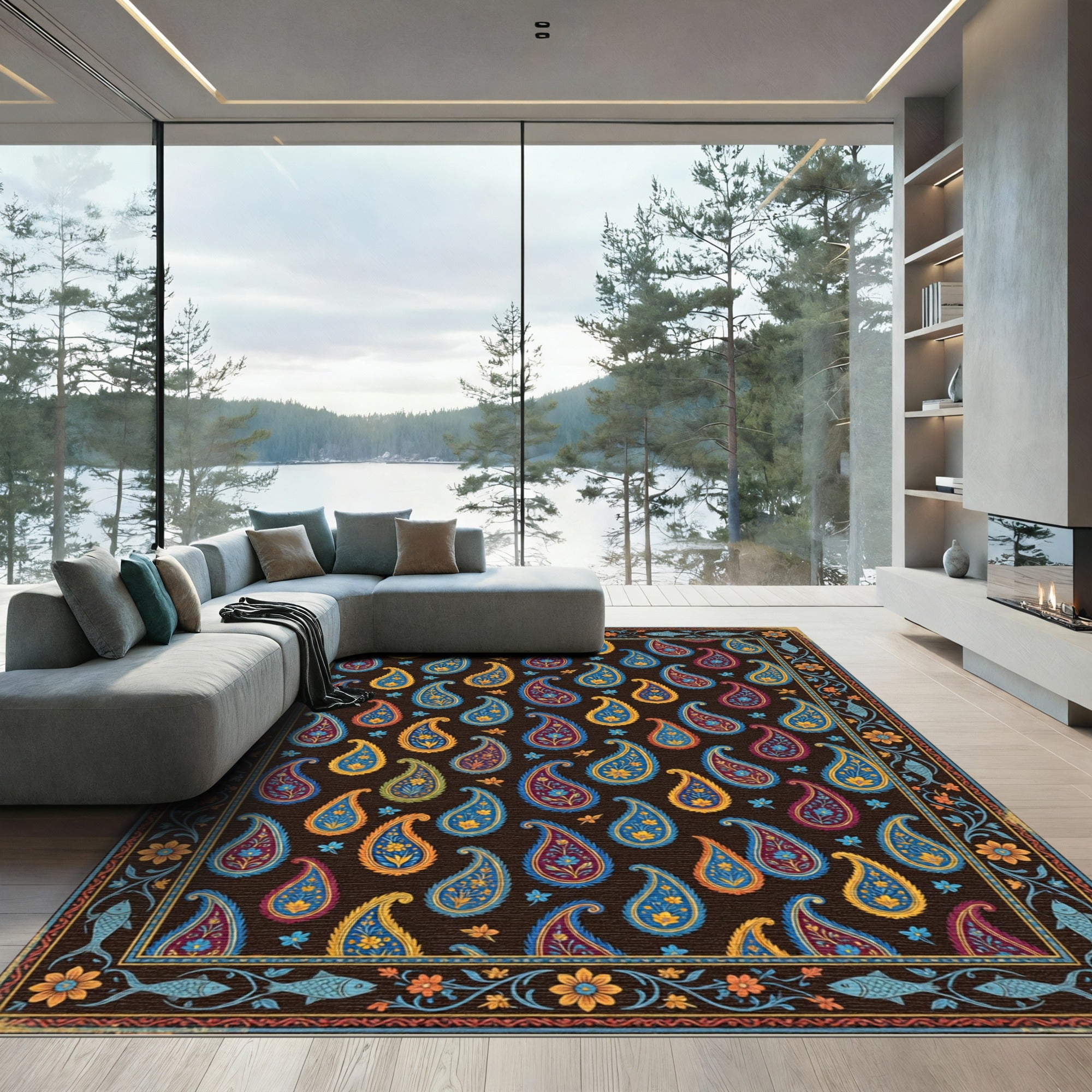Dark Blue Paisley Floral Artisan Tapestry Rug