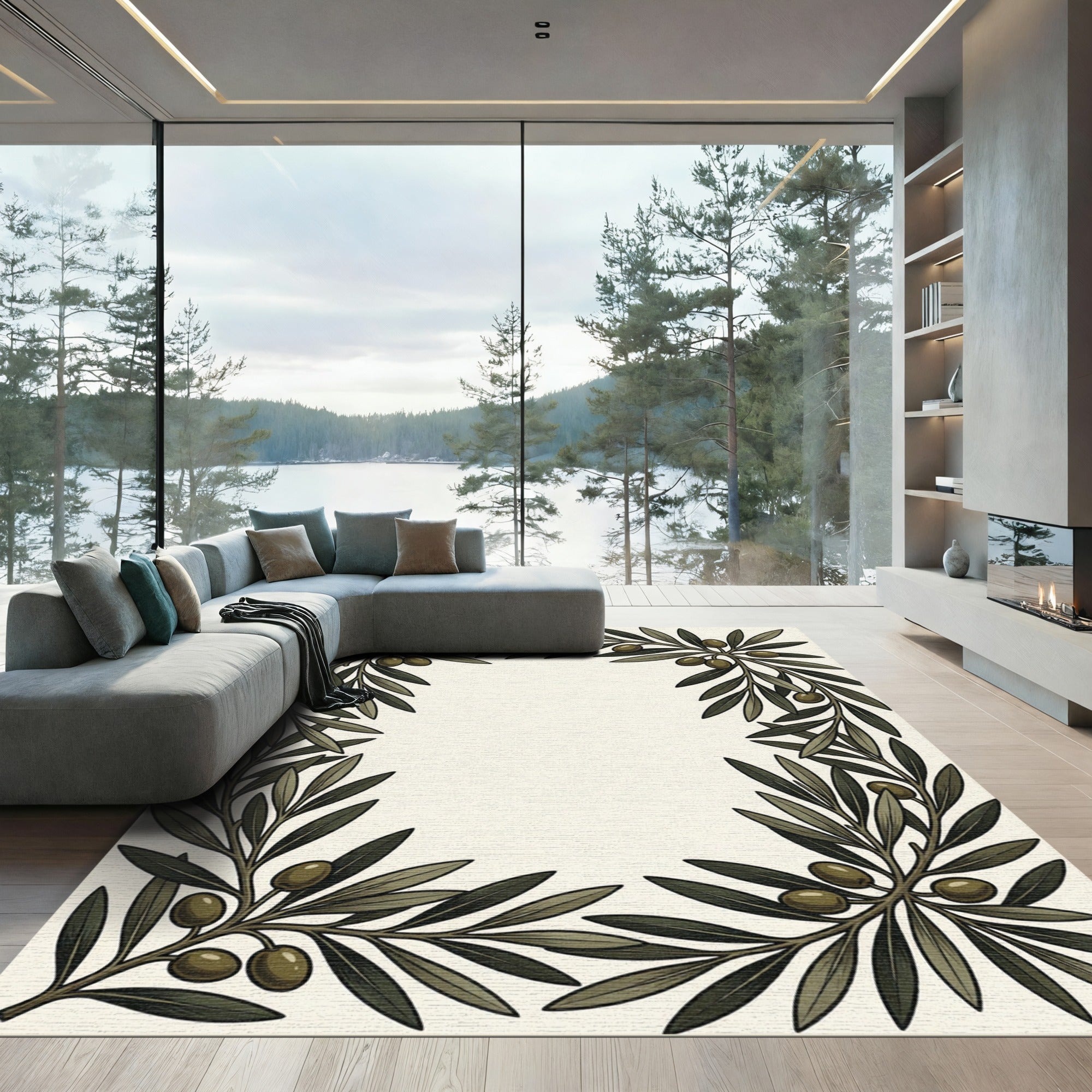 Olive Branch Border Green Olive Rug