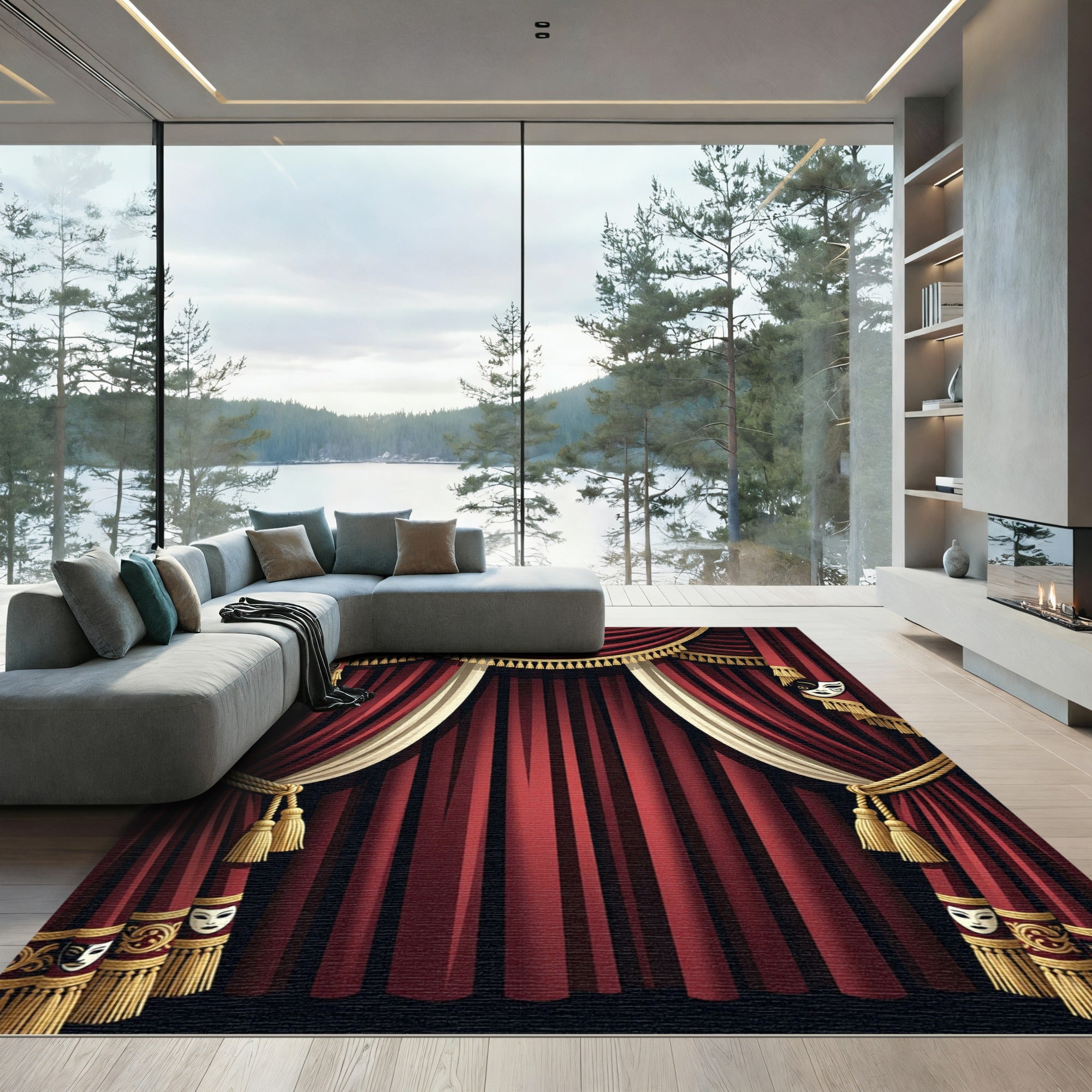 Dramatic Crimson Theatrical Mask Curtain Rug