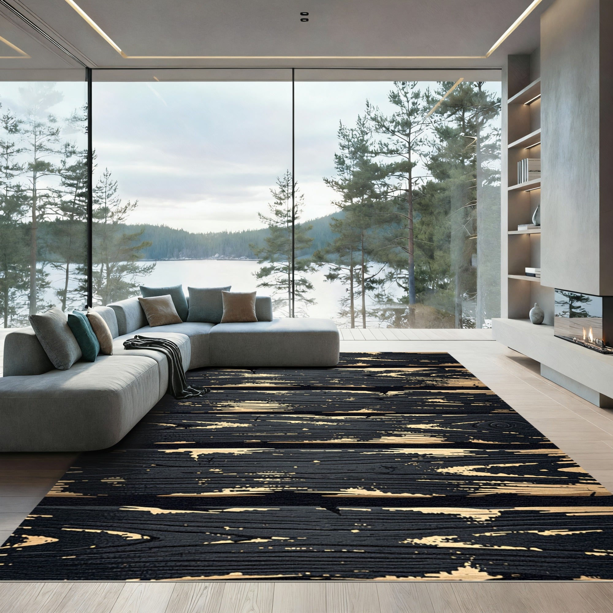 Distressed Black Wood Grain Plank Rug