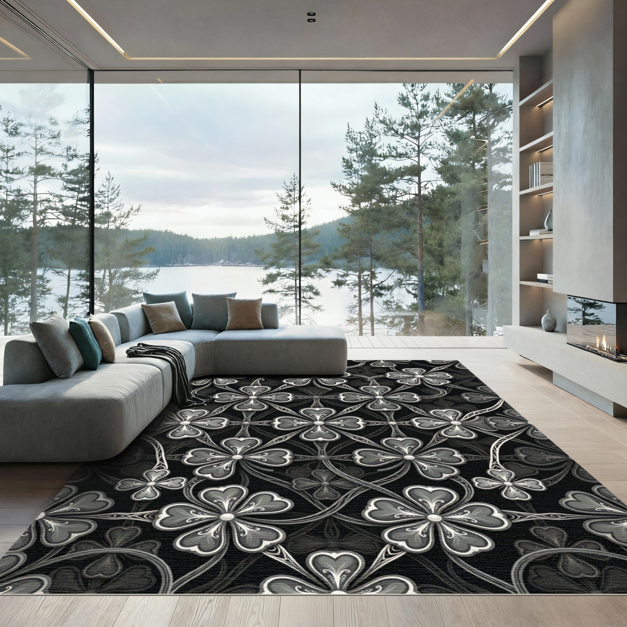 Monochromatic Clover Filigree Lattice Rug