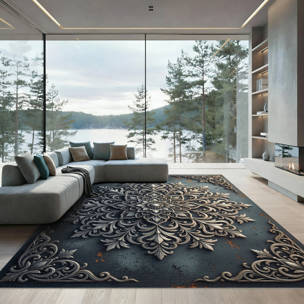 Intricate Silver Filigree Botanical Medallion Rug