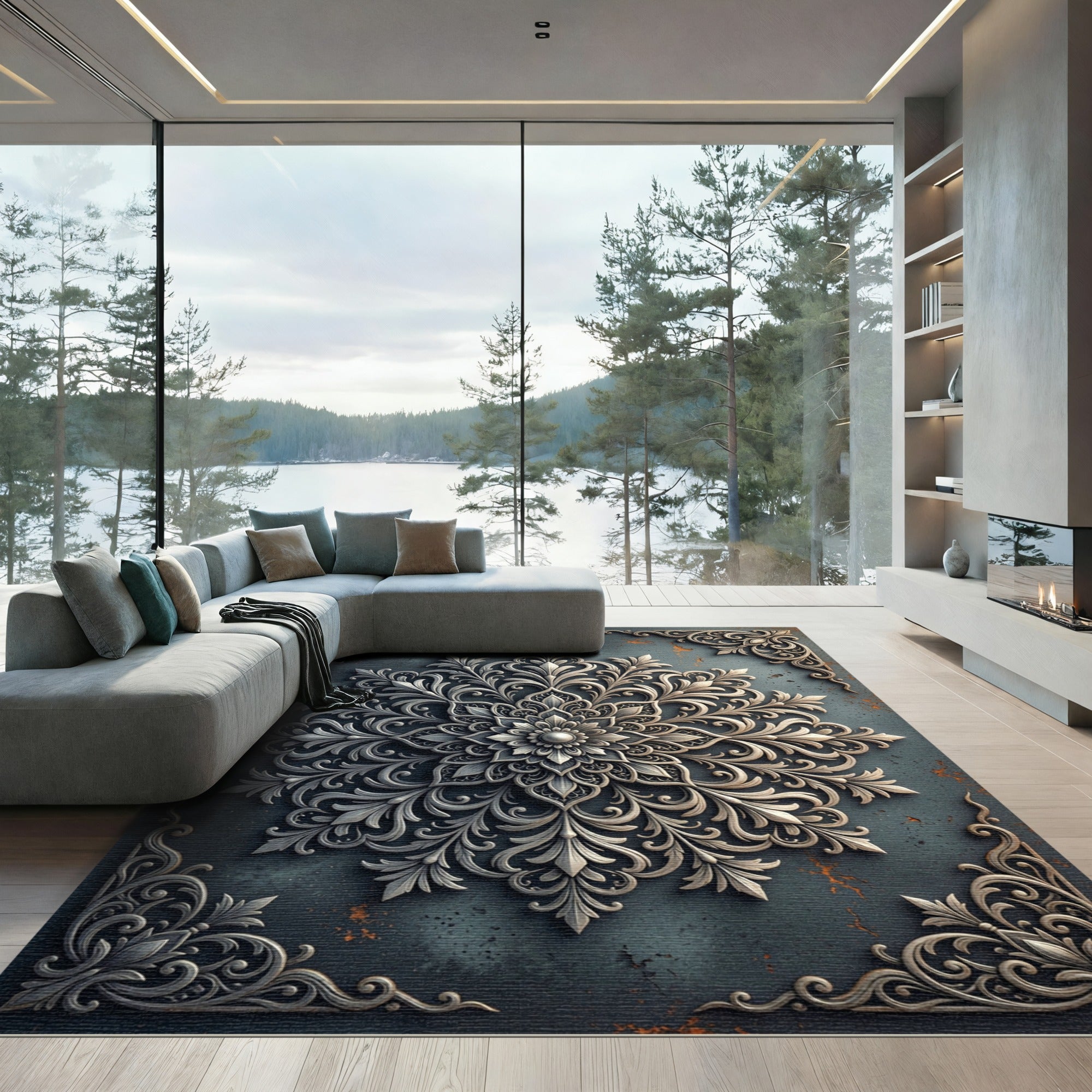 Intricate Silver Filigree Botanical Medallion Rug