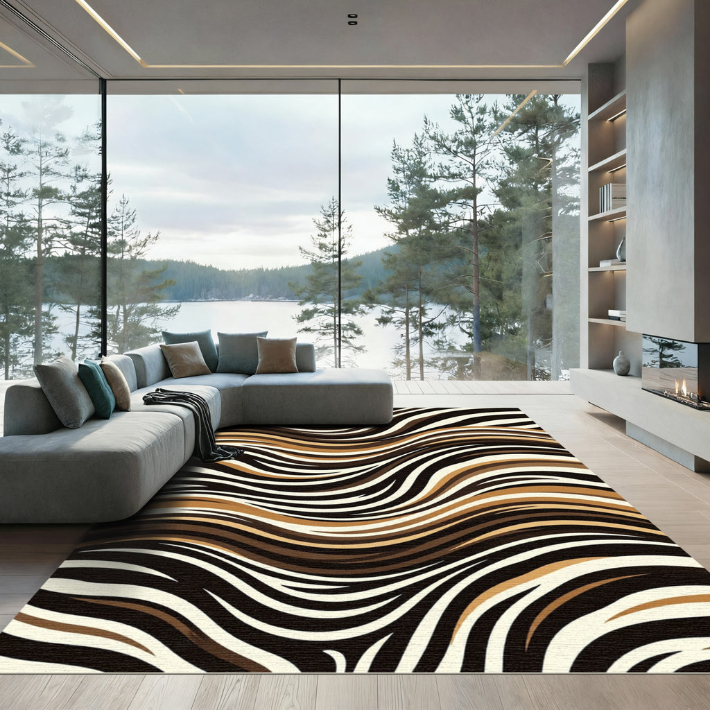 Abstract Chocolate Cream Wavy Zebra Rug