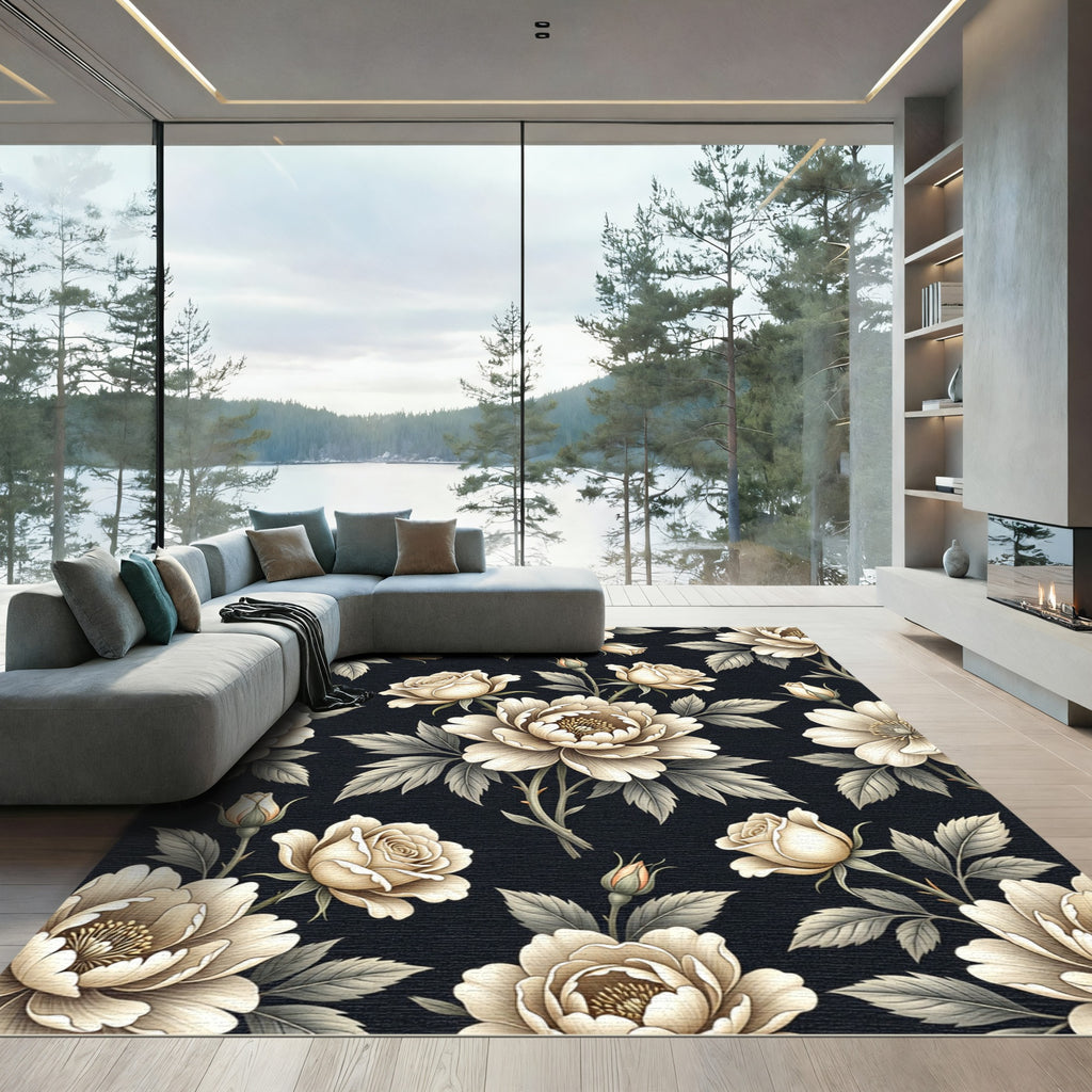 Elegant Cream Peonies on Black Canvas Rug