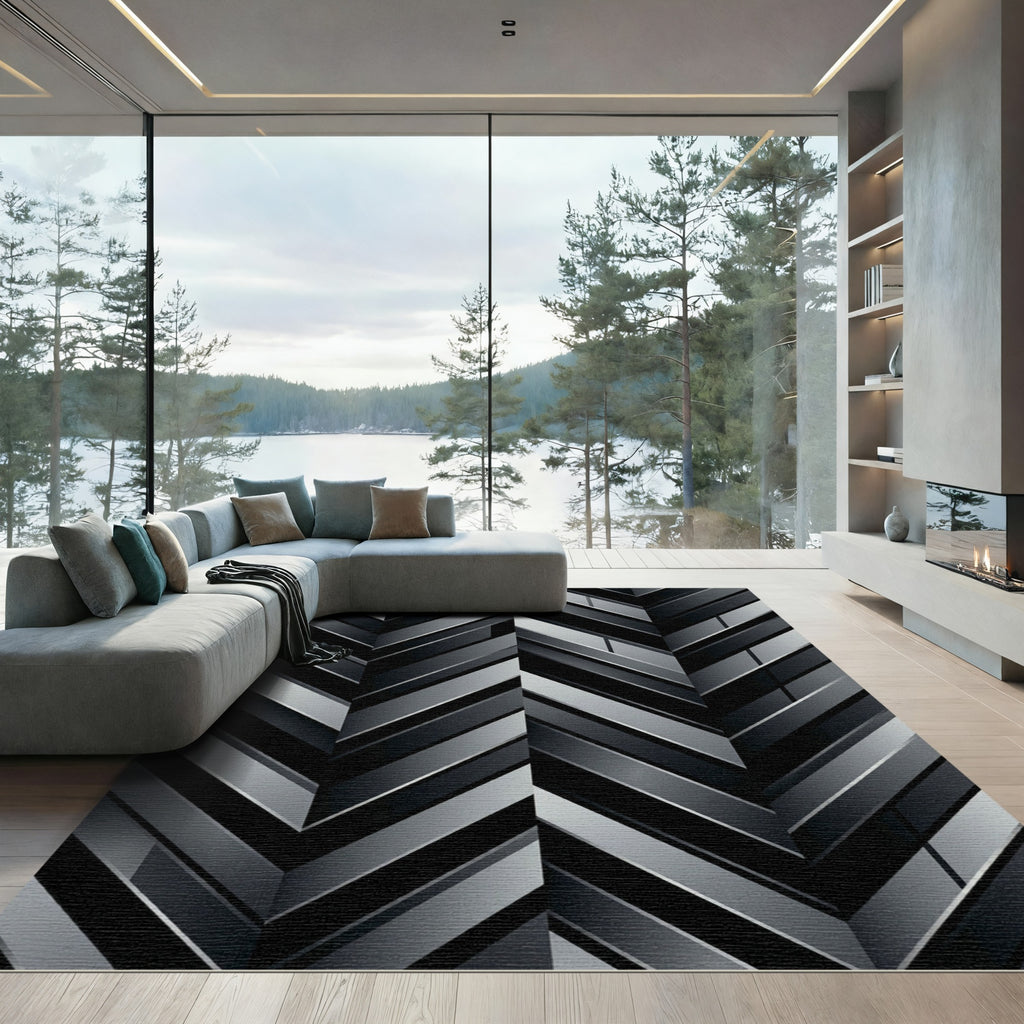 Monochromatic Herringbone Geometric Blocks Rug