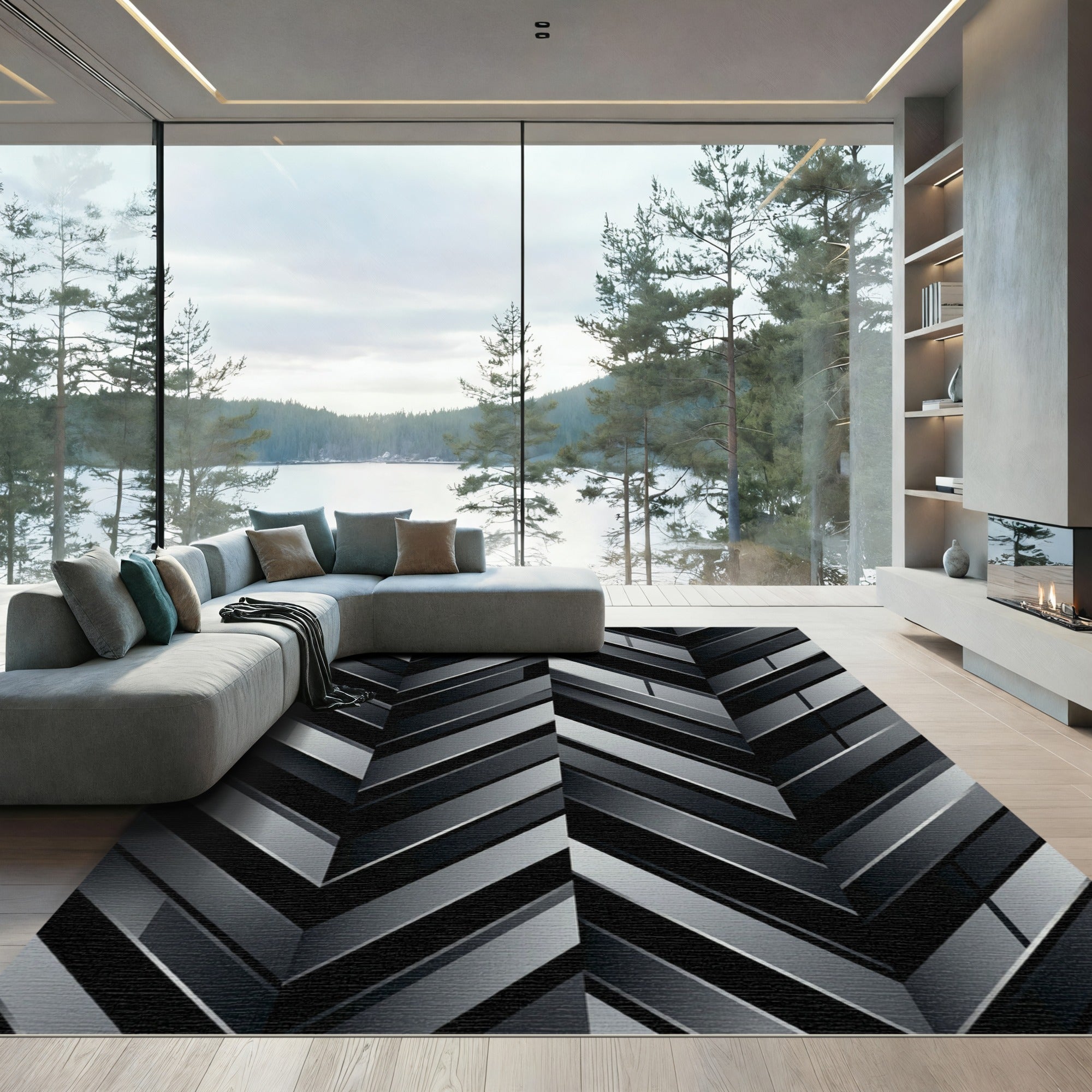 Monochromatic Herringbone Geometric Blocks Rug