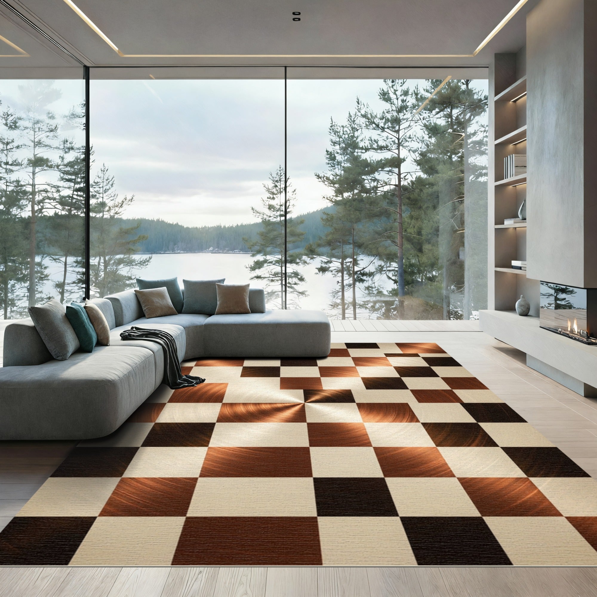 Brushed Copper Square Checkerboard Rug