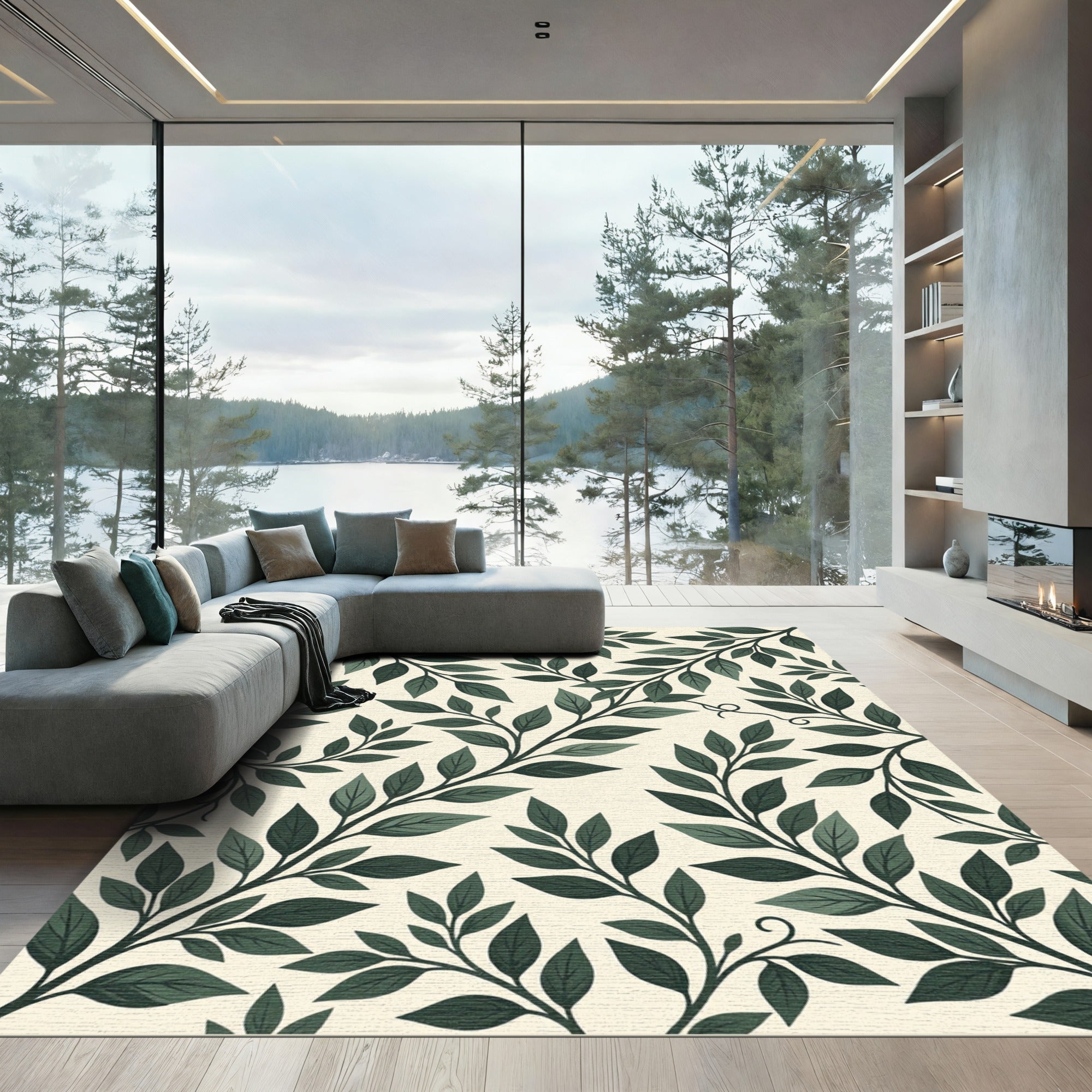 Dark Green Leafy Branches on Cream Rug