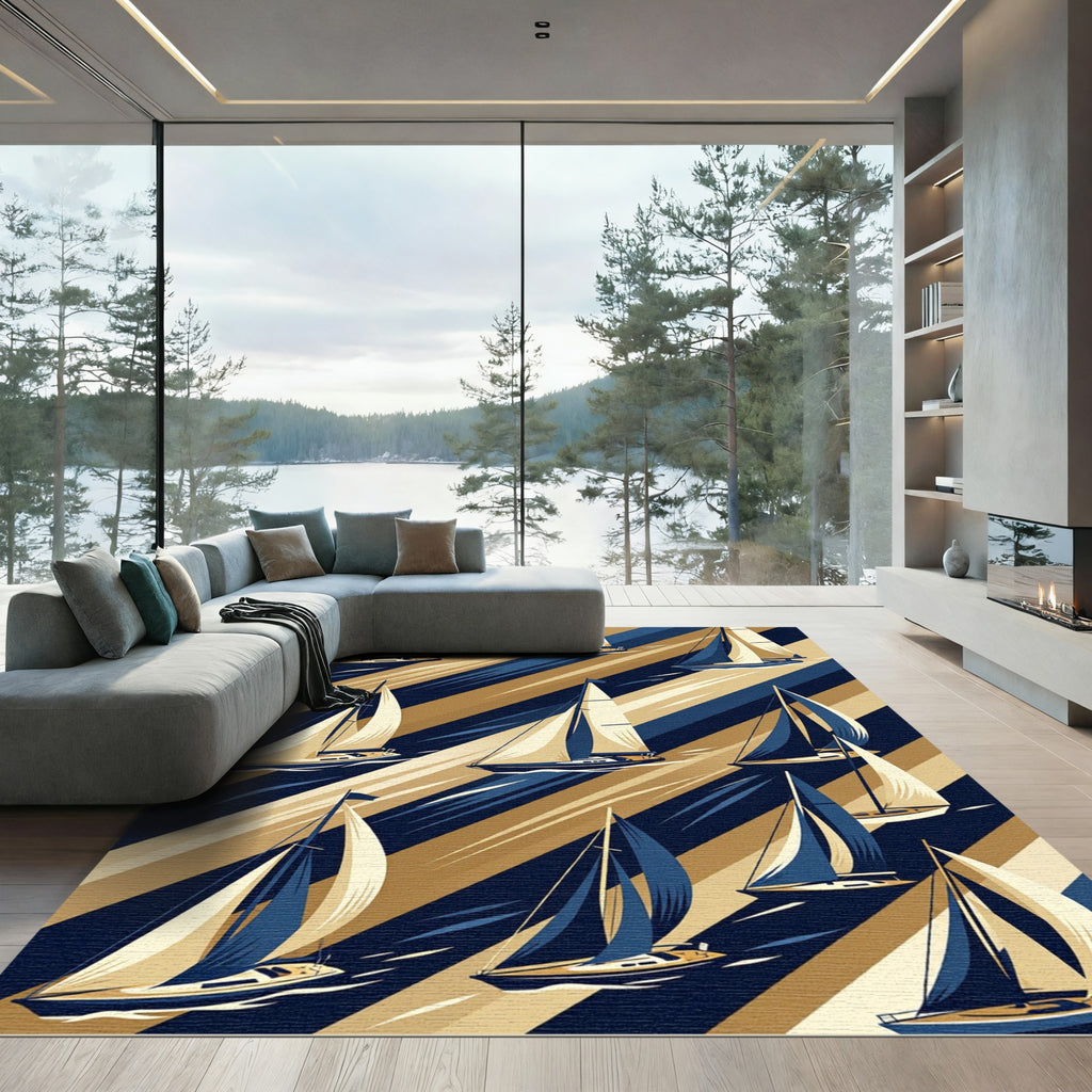 Navy and Gold Sailing Yacht Stripe Rug