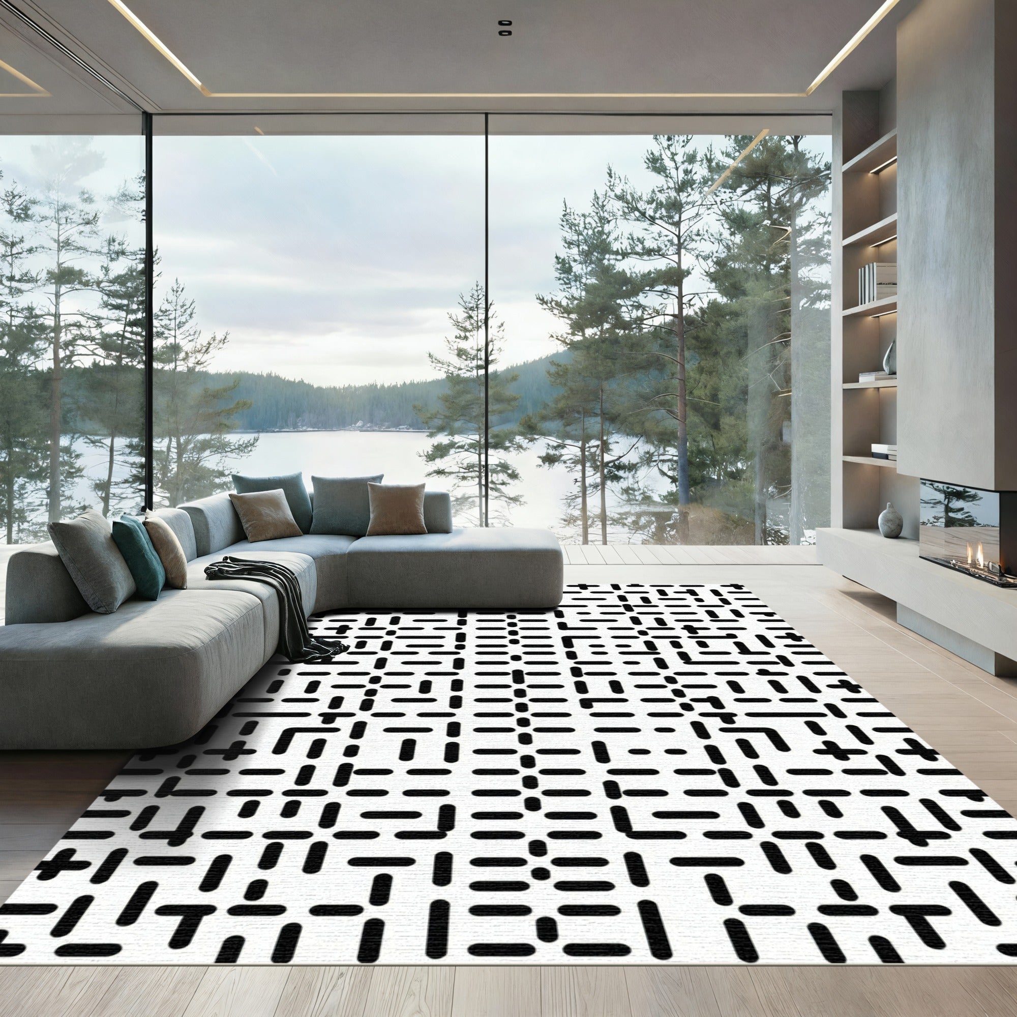 Monochrome Dash Maze Grid Rug