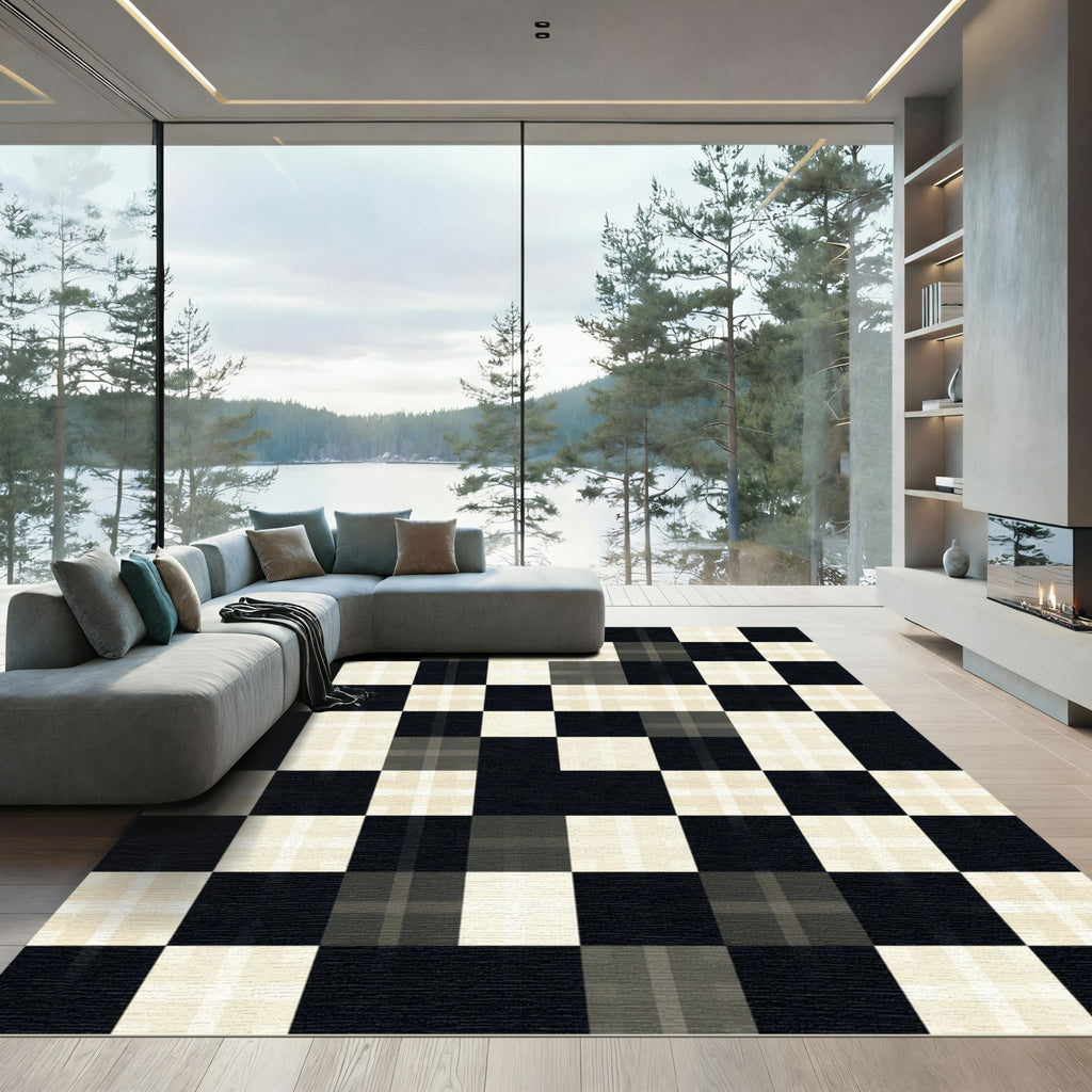 Monochrome Grid Checkered Block Floor Covering Rug