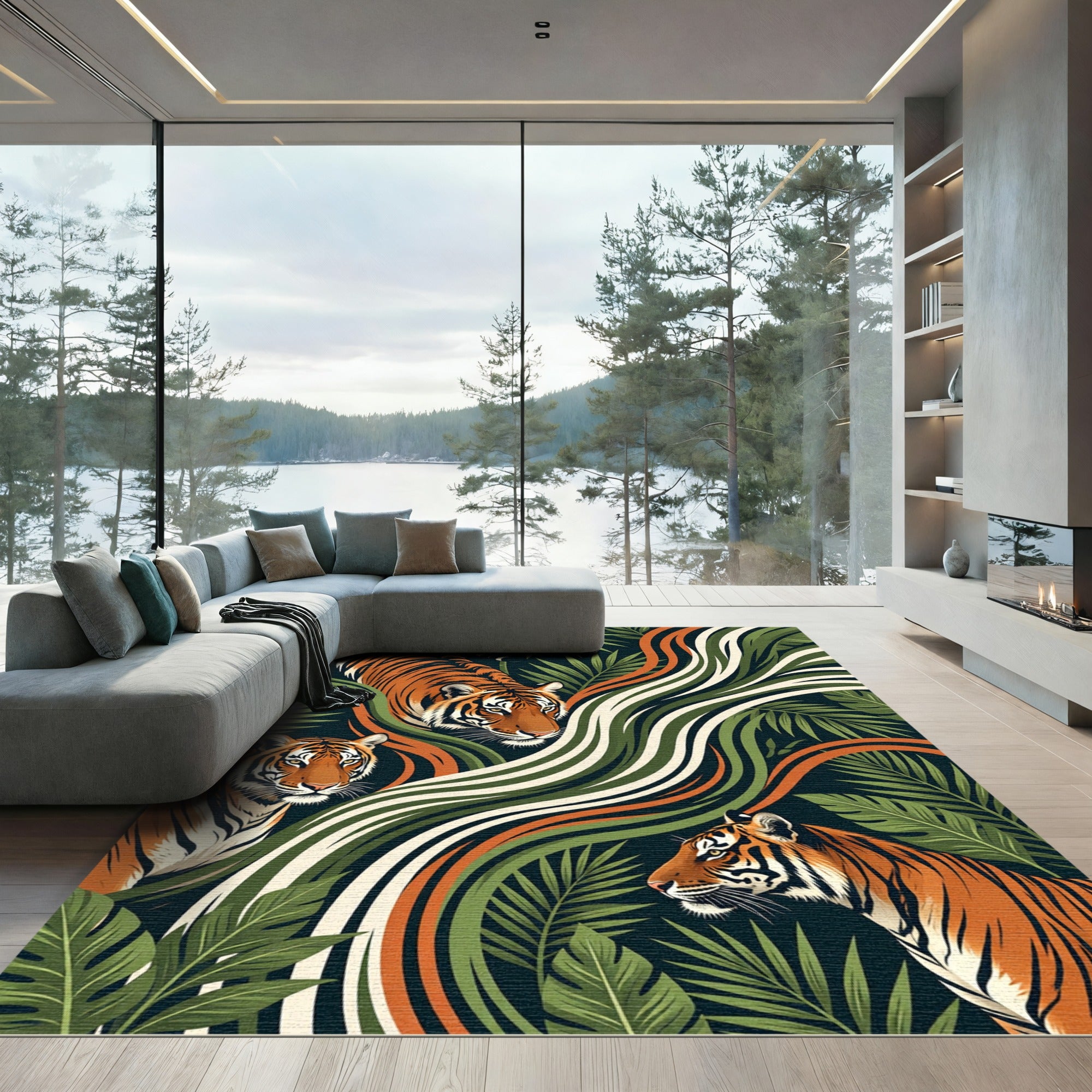 Earthy Tiger Jungle Lush Foliage Rug