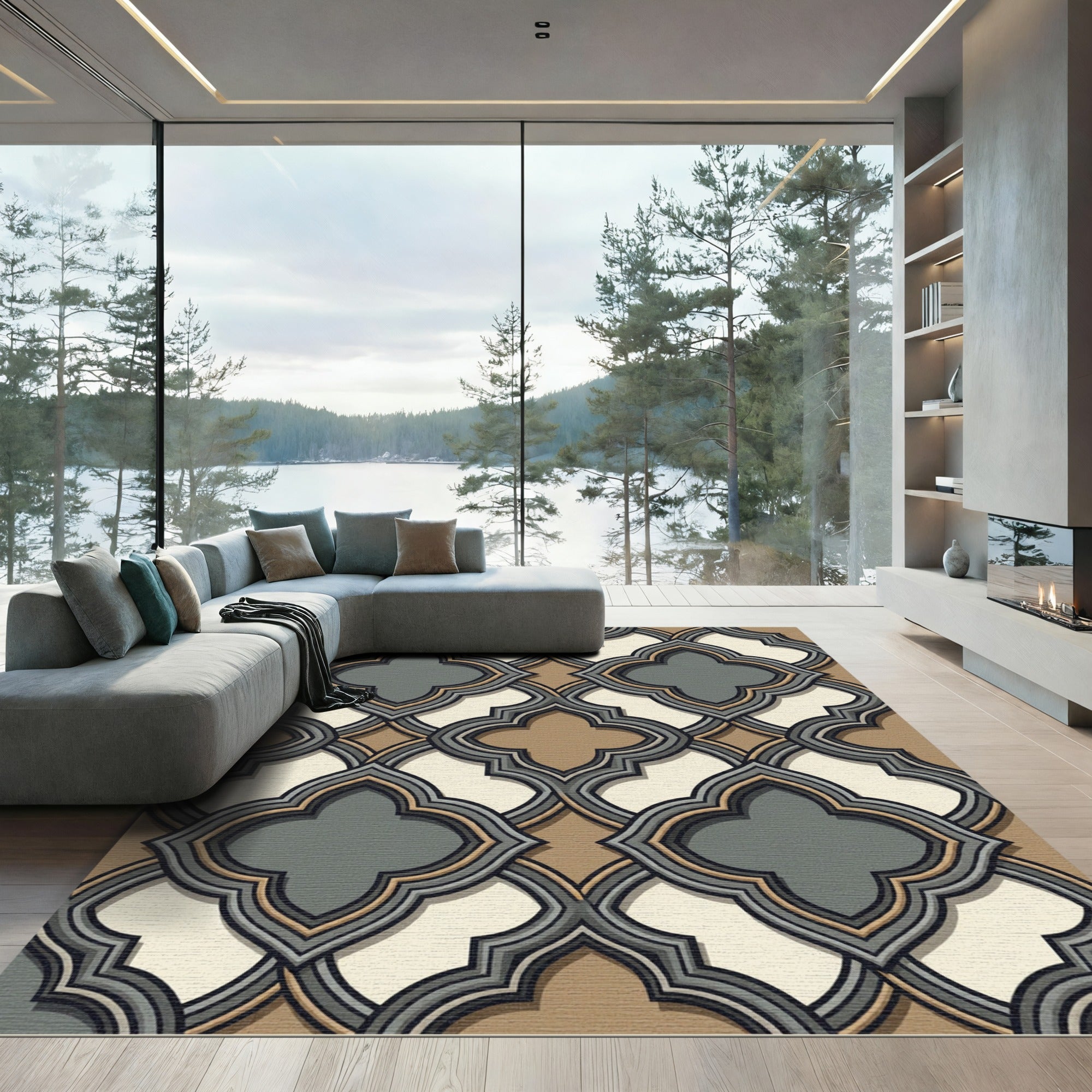 Elegant Charcoal Beige Quatrefoil Geometric Rug