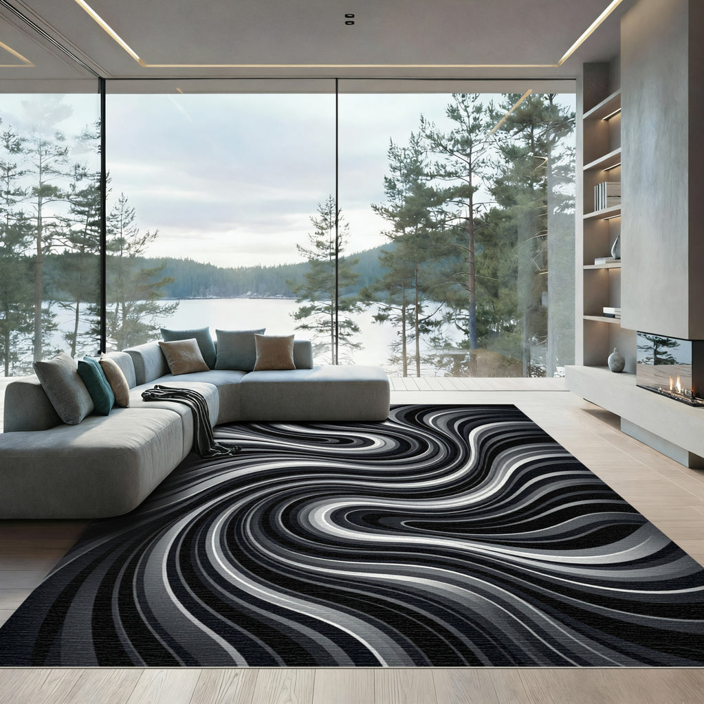 Monochromatic Swirl Abstract Lines Rug