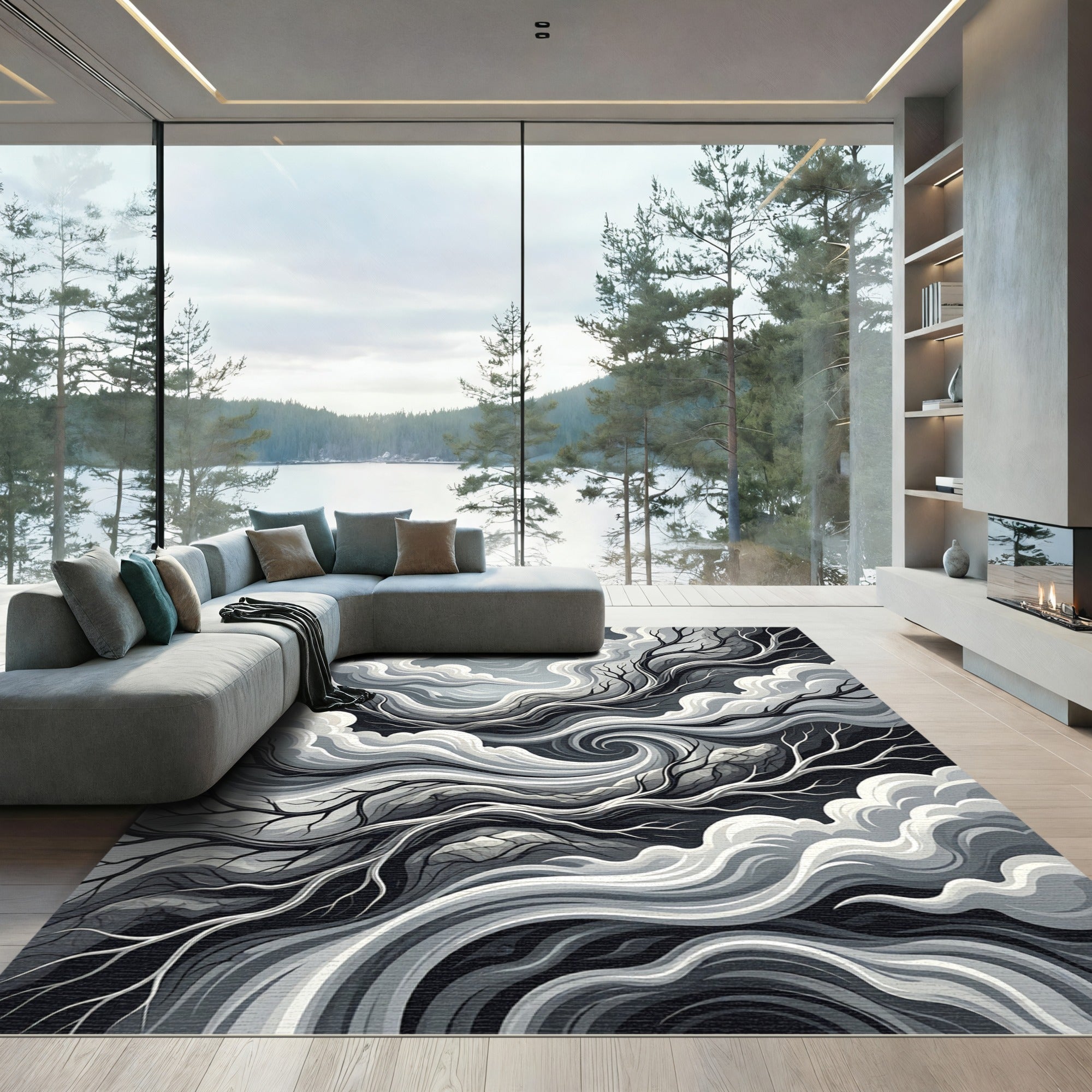 Monochrome Swirling Grove Abstract Ink Rug