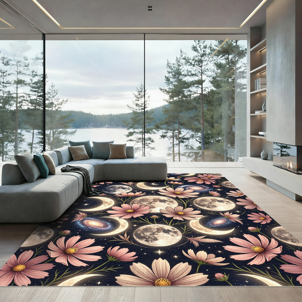 Celestial Pink Cosmos Moon Night Sky Rug