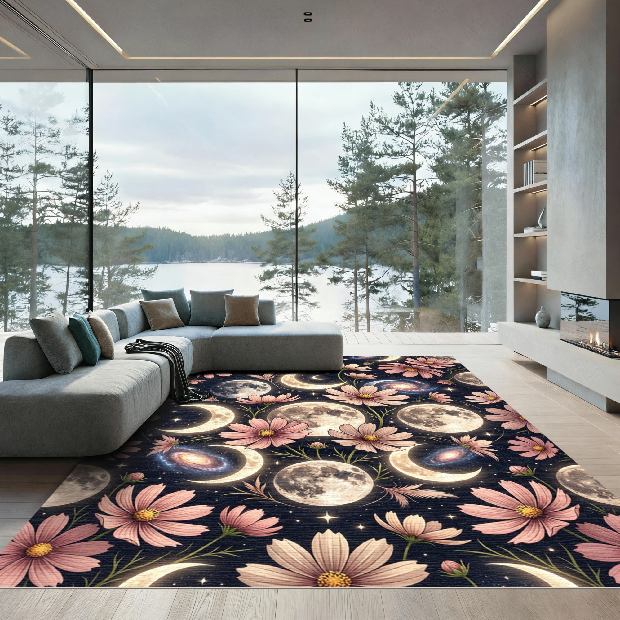 Celestial Pink Cosmos Moon Night Sky Rug