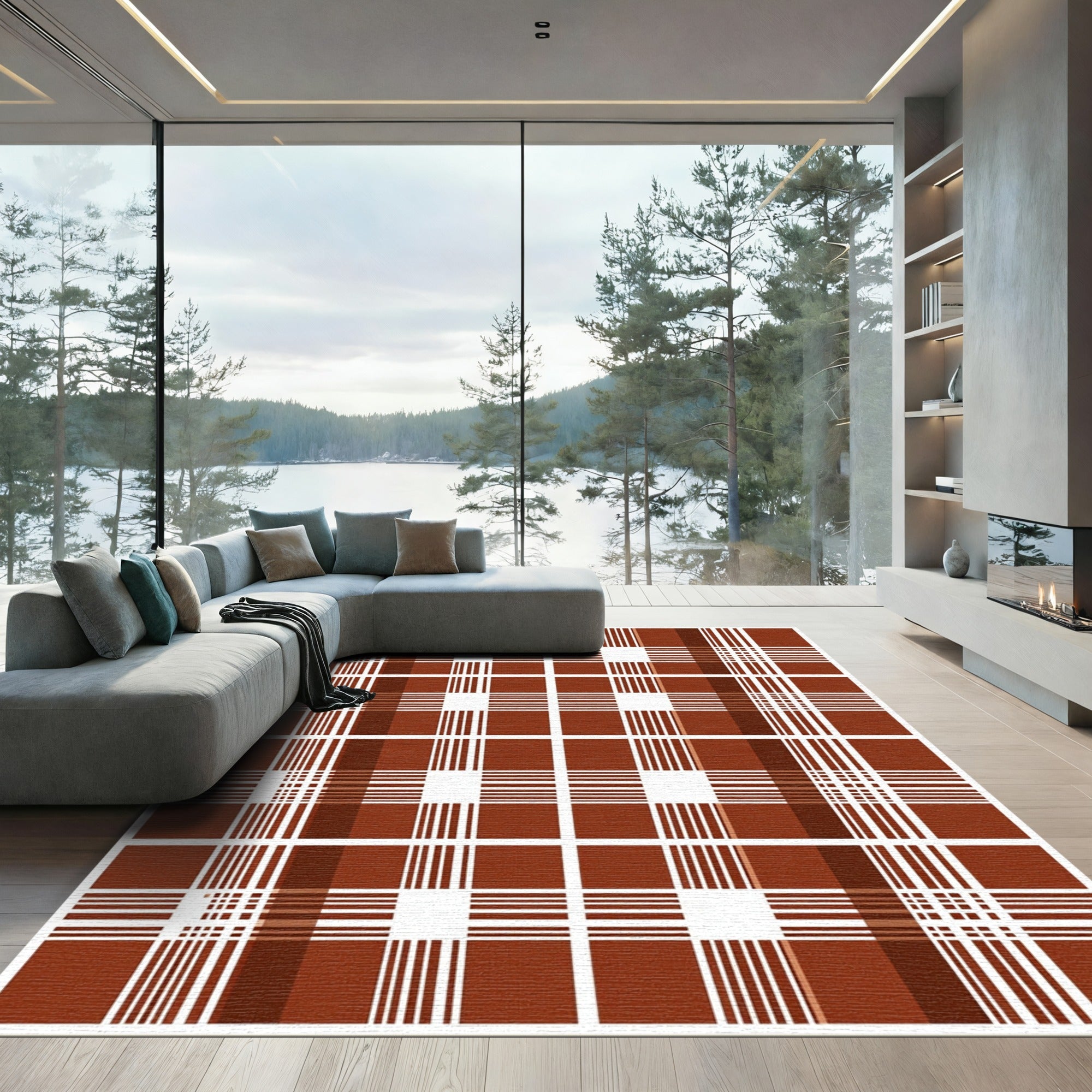 Classic Brown White Plaid Lines Rug