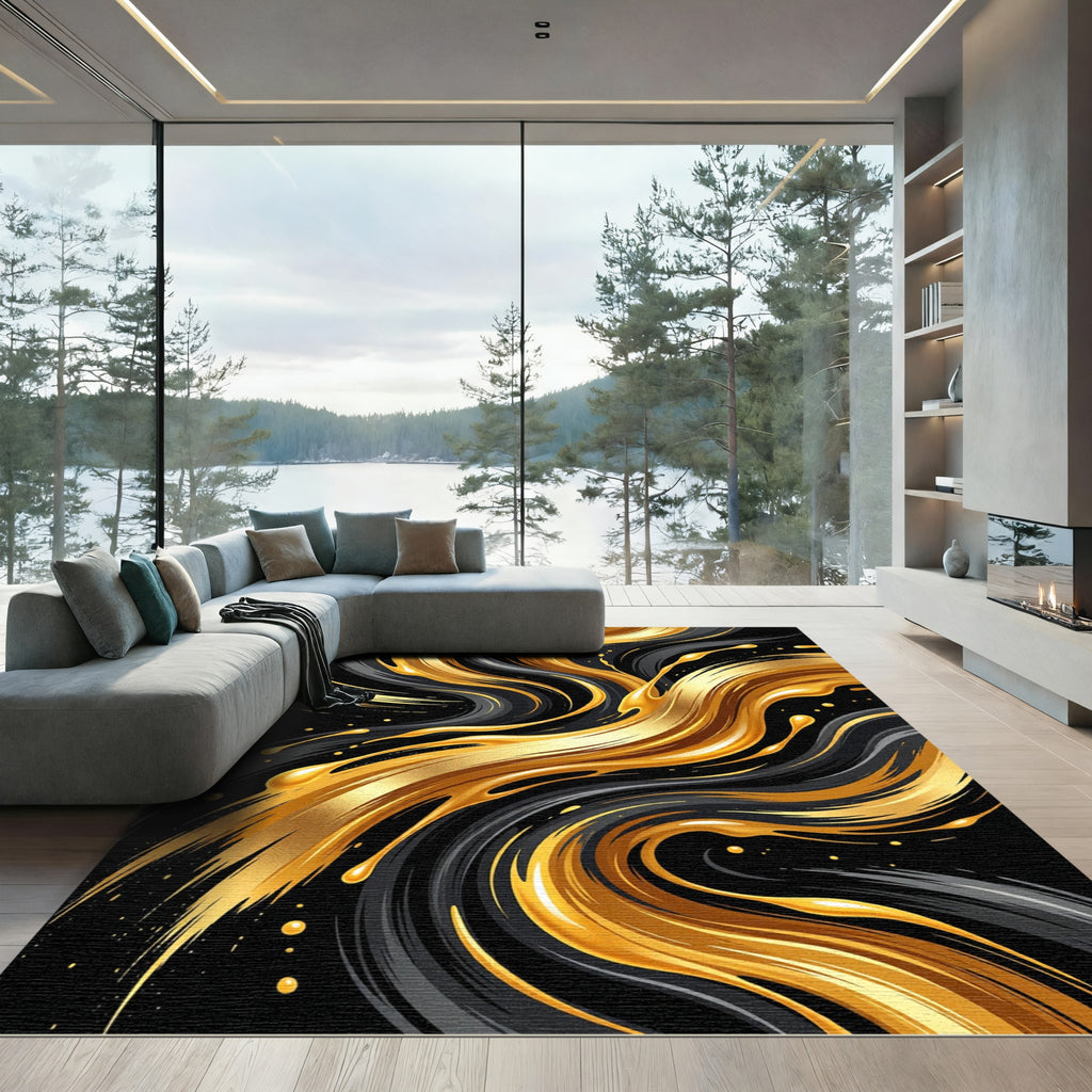 Liquid Gold and Charcoal Abstract Swirl Rug