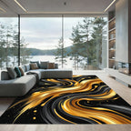 Liquid Gold and Charcoal Abstract Swirl Rug