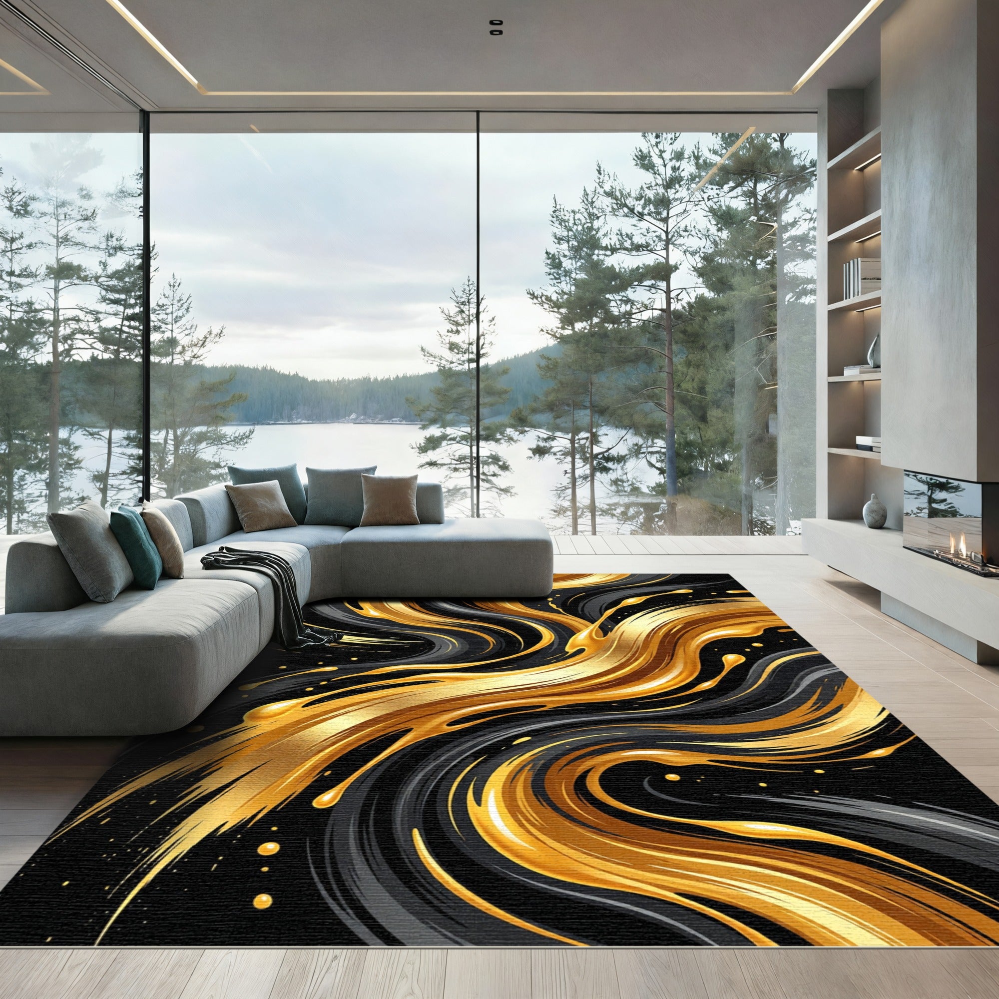 Liquid Gold and Charcoal Abstract Swirl Rug