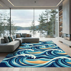 Japanese Ocean Blue Curving Wave Art Rug