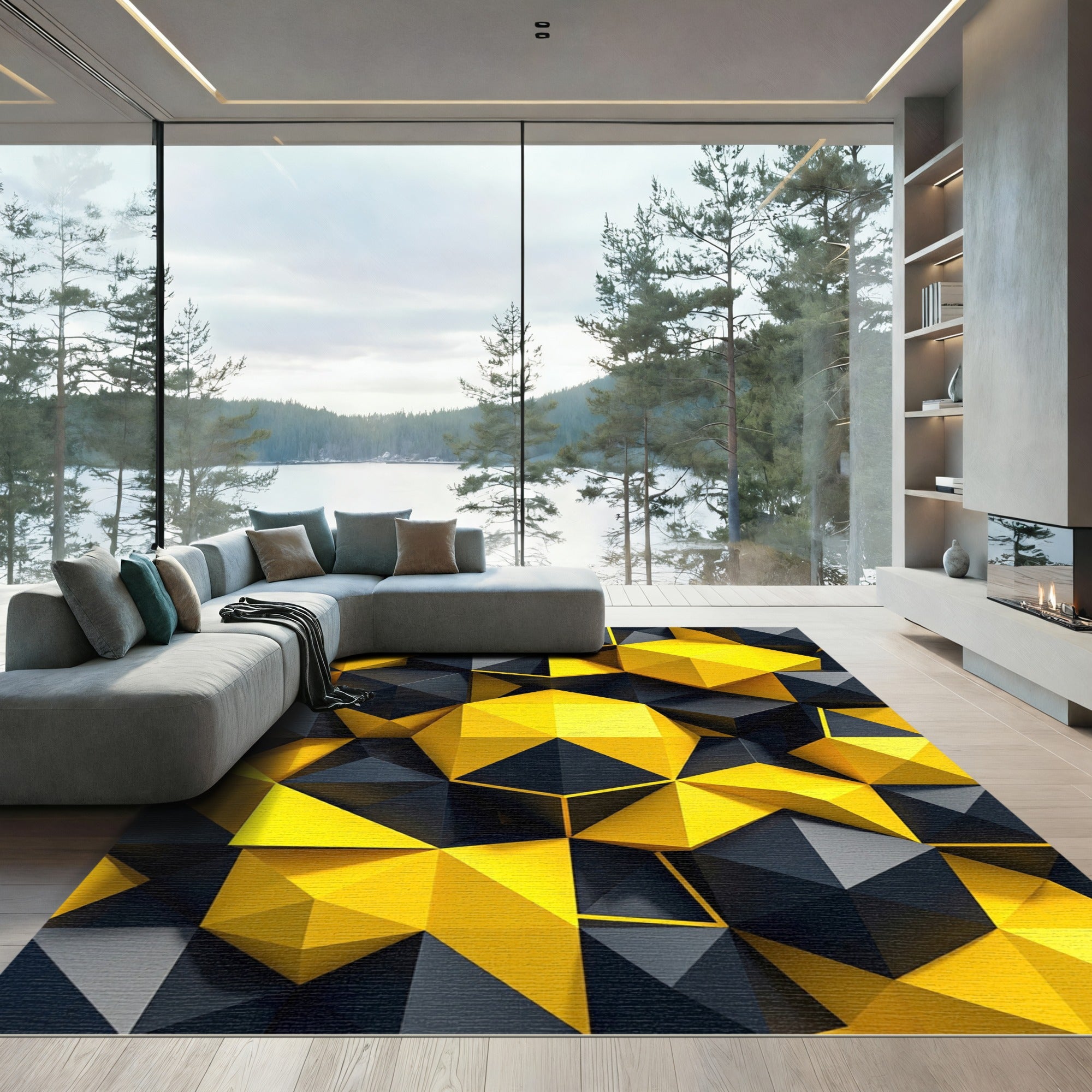 Geometric Yellow and Charcoal Angular Abstract Rug
