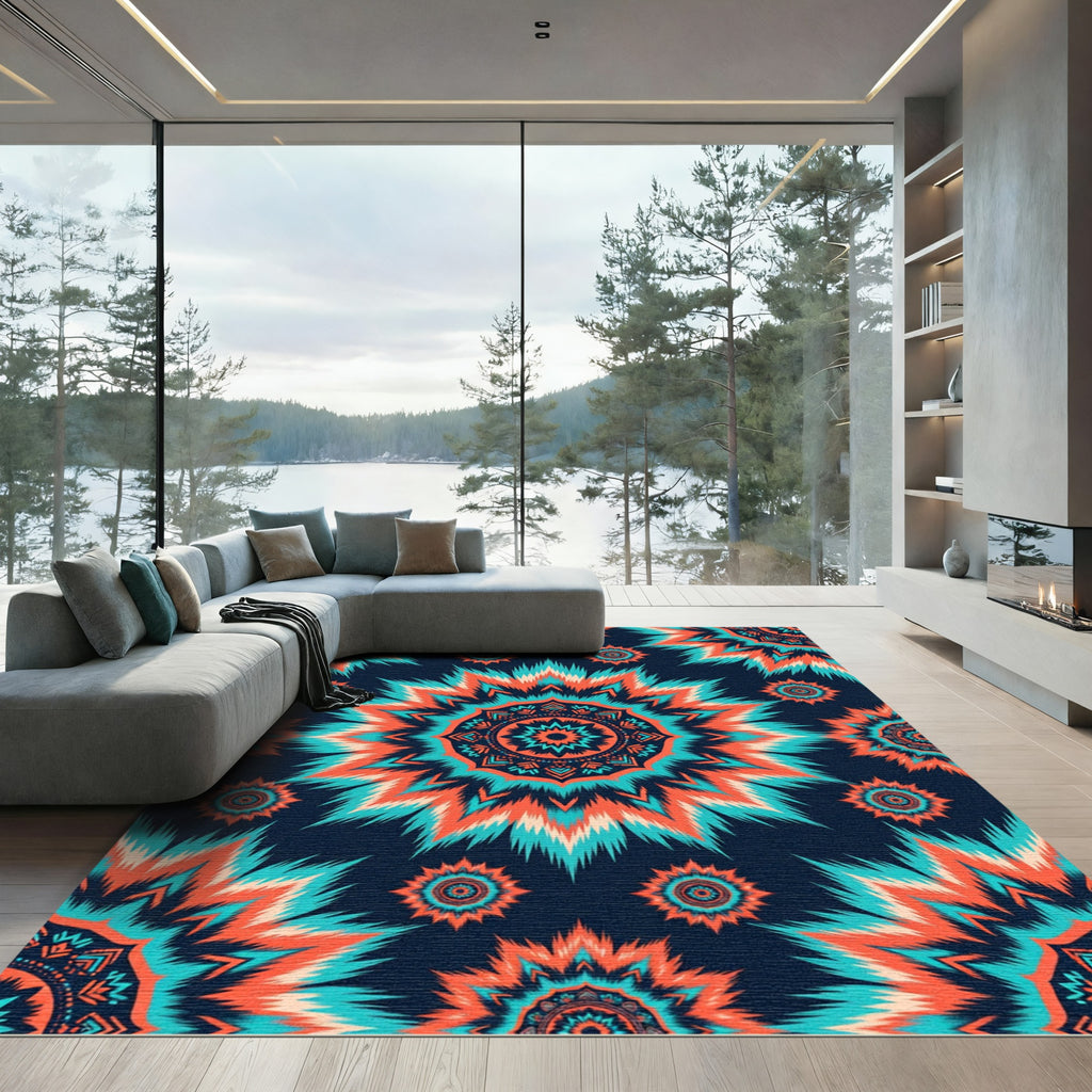 Vibrant Orange Teal Mandala Burst Rug