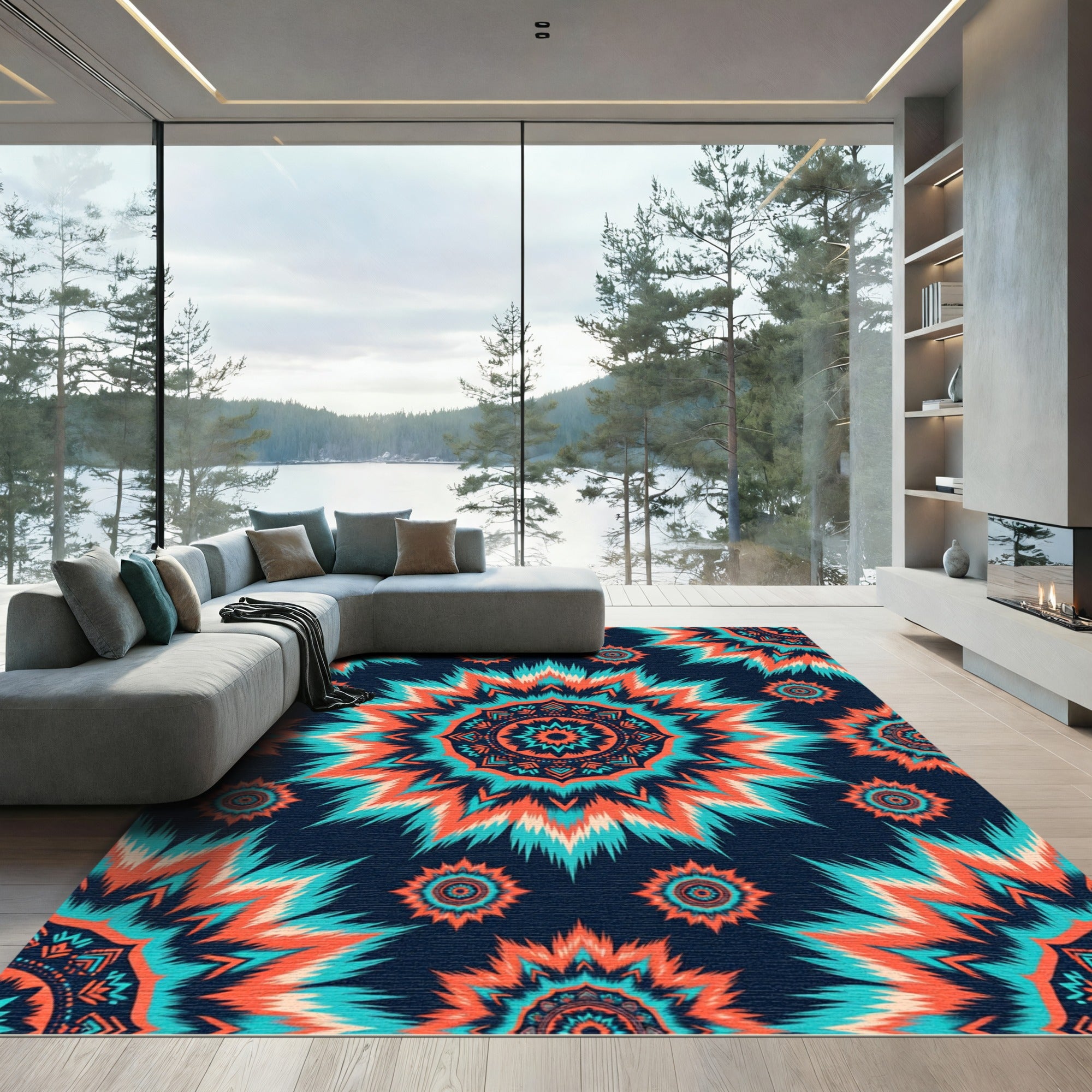 Vibrant Orange Teal Mandala Burst Rug