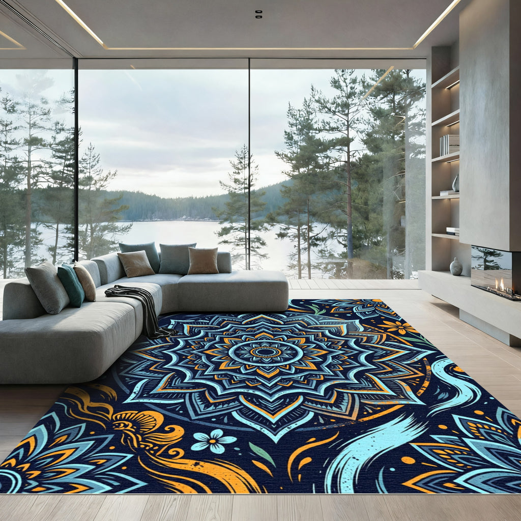 Deep Teal Orange Floral Mandala Rug