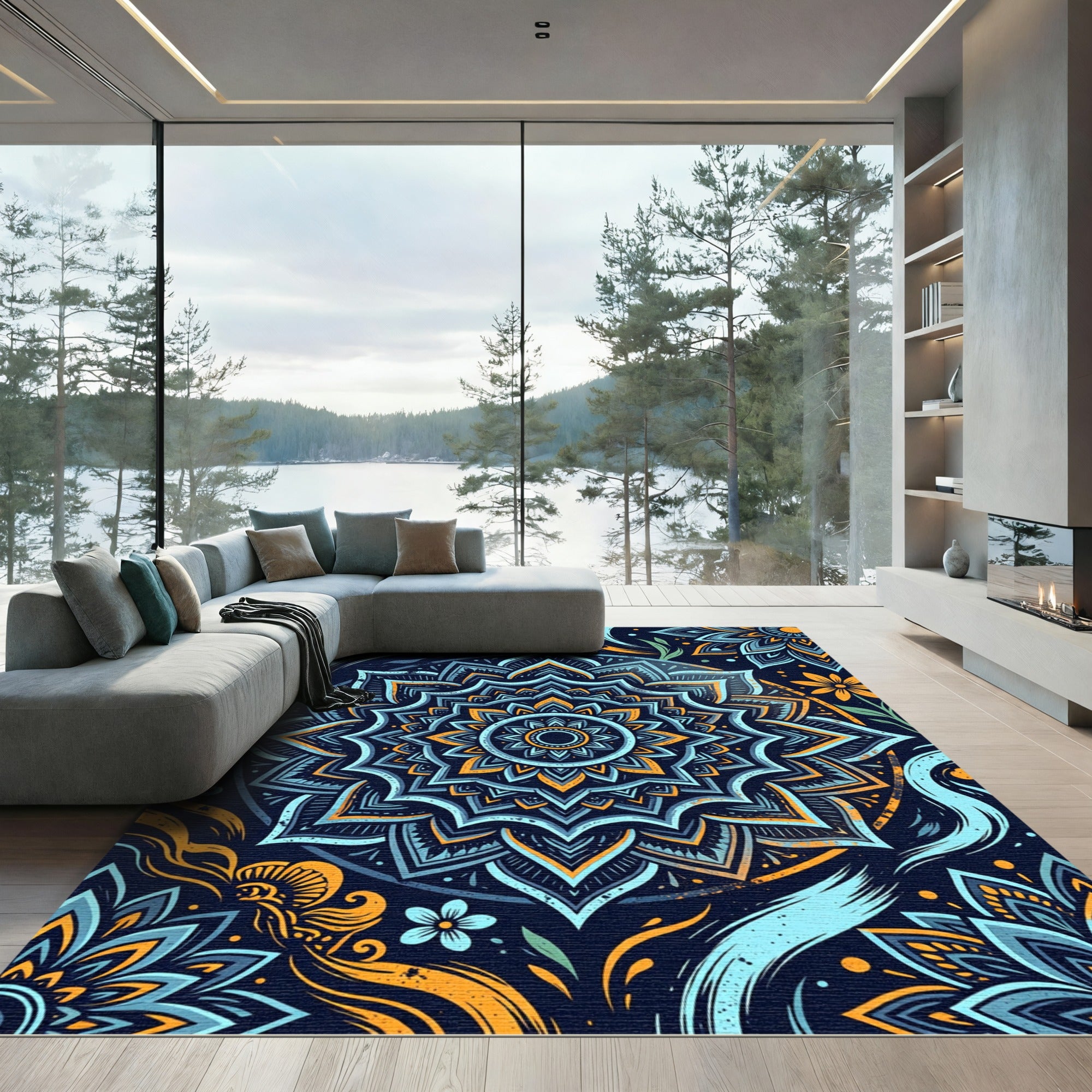 Deep Teal Orange Floral Mandala Rug